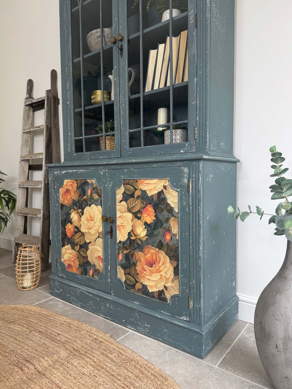 Rustic Glass Display Cabinet Painted Blue And Floral photo vinterior