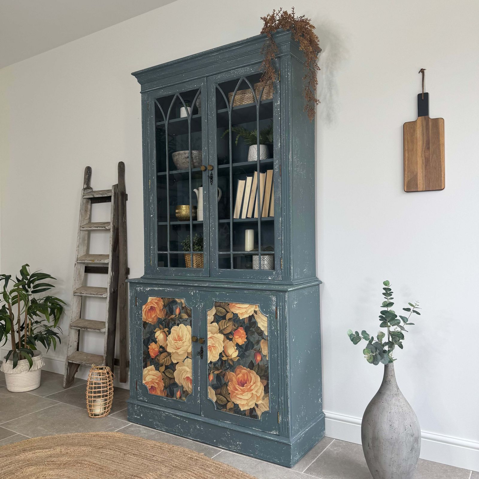 photo furniture Rustic Glass Display Cabinet Painted Blue And Floral