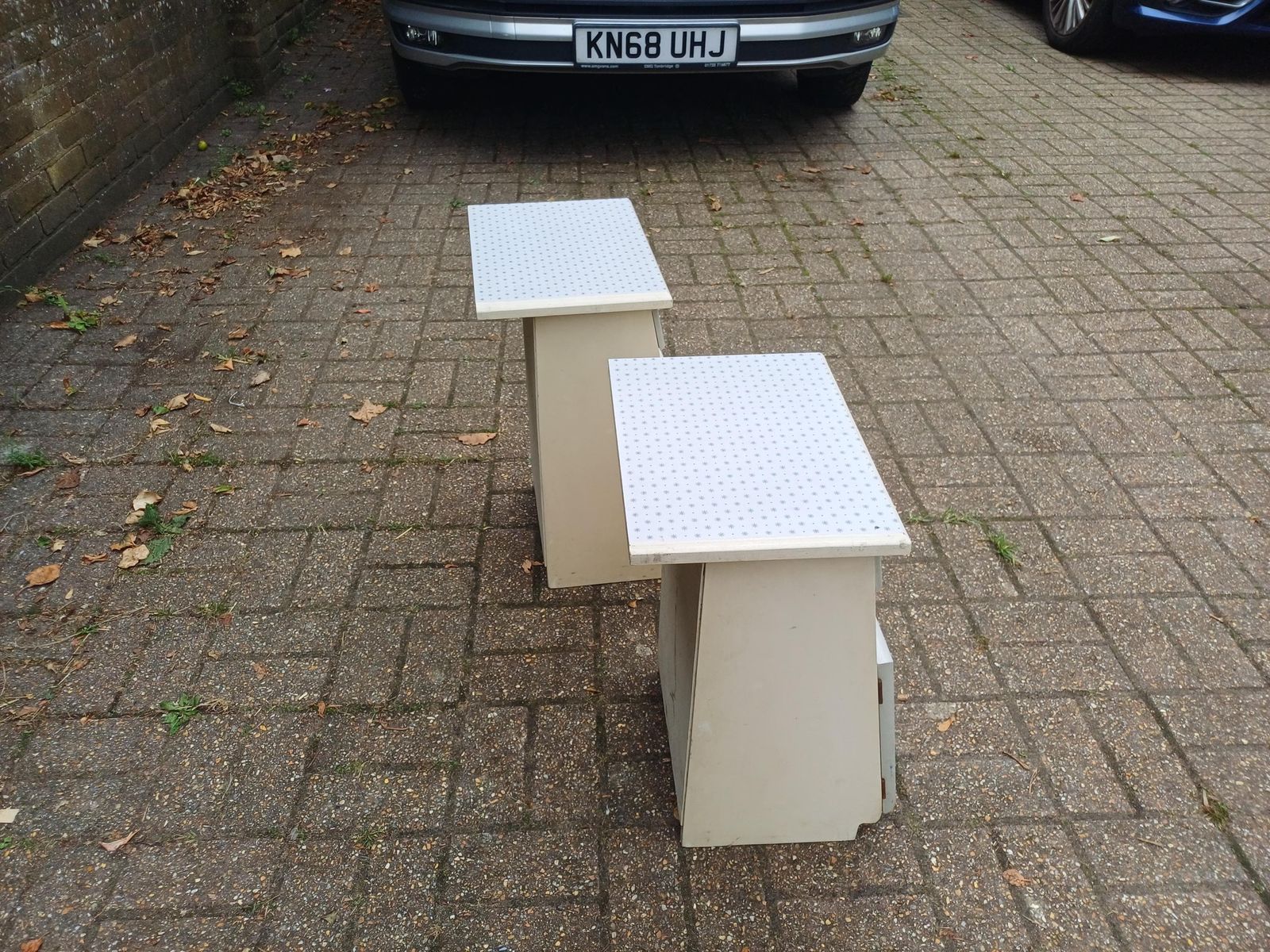 Dalek Lookalike! Cute Pair Of 1950s Retro Bedside Cupboards Star Pattern Tops Slanted Front Storage Vintage Cabinets Upcycled Nightstands photo for sale