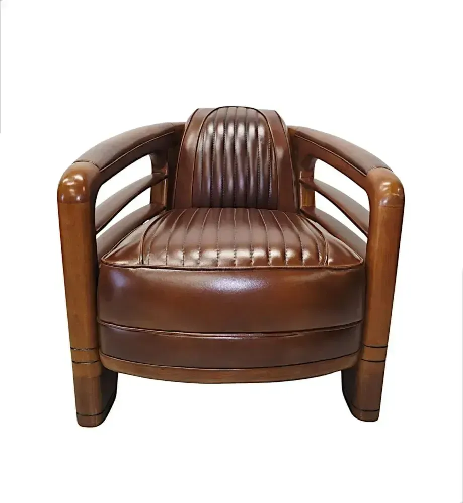 A Very Fine Art Deco Design Walnut And Leather Club Armchair