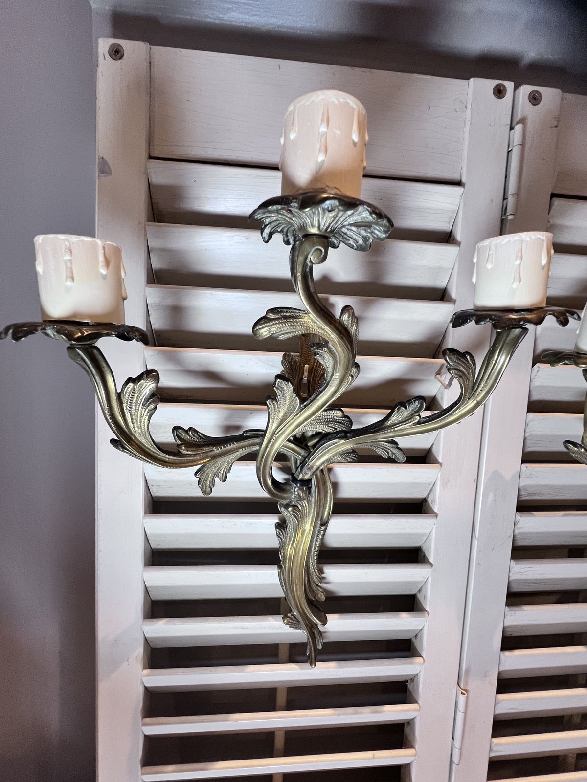 photo furniture A Pair Of  French Triple Arm Gilded Antique Brass Wall Lights