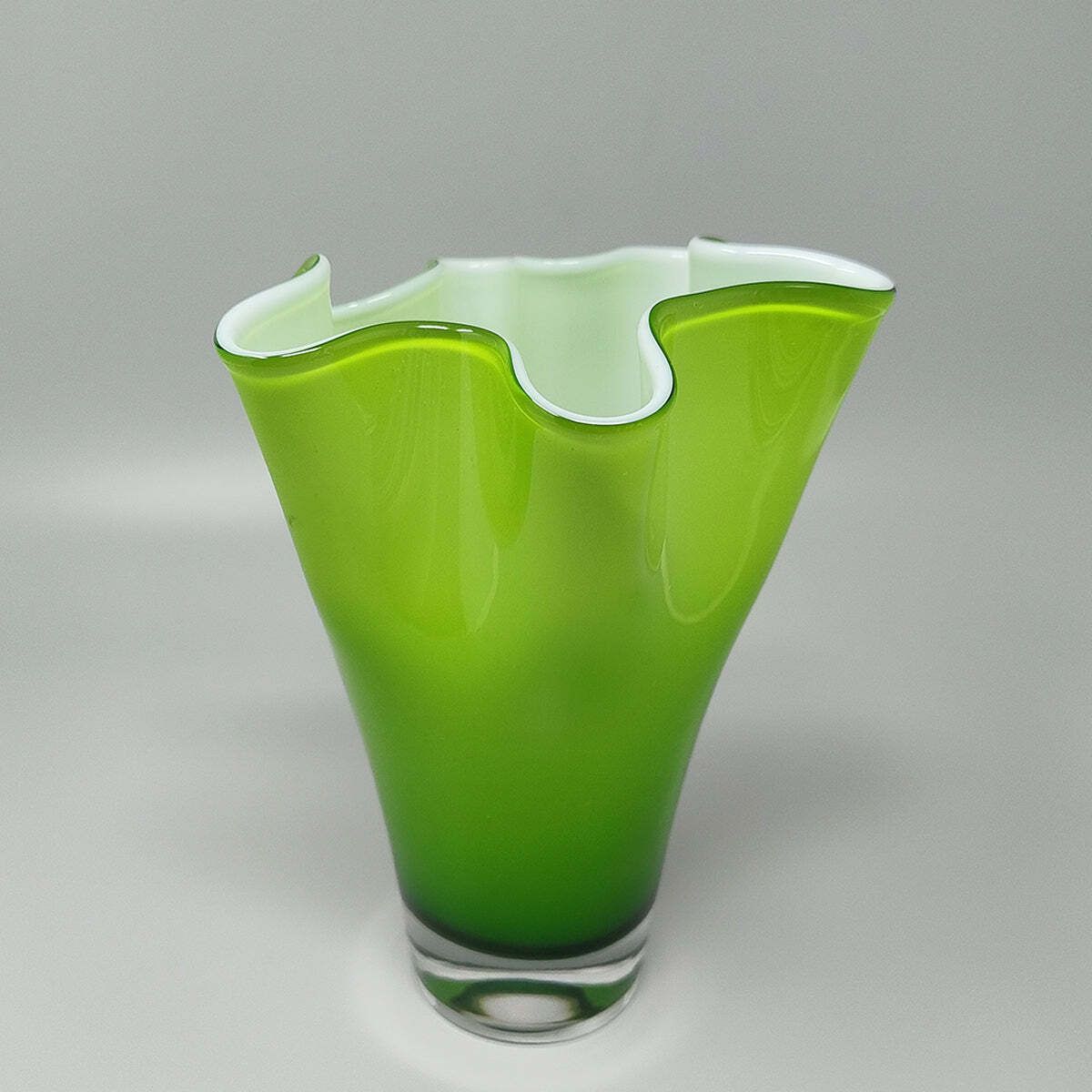 1960s Astonishing Green Vase "Fazzoletto" By Ca' Dei Vetrai In Murano Glass. Made In Italy photo for sale
