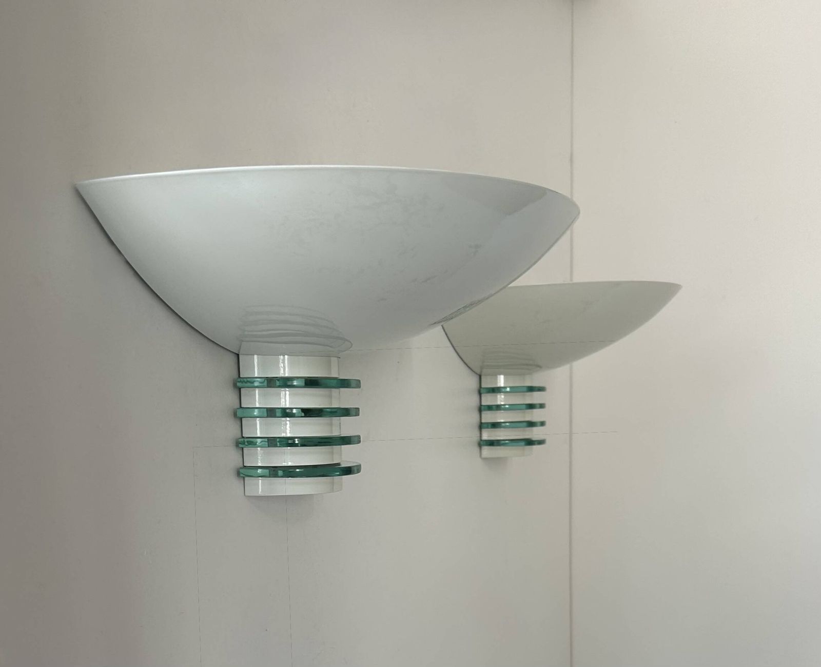 Pair Of Post Modernist Wall Lights, White Metal And Glass, France 1980 photo for sale