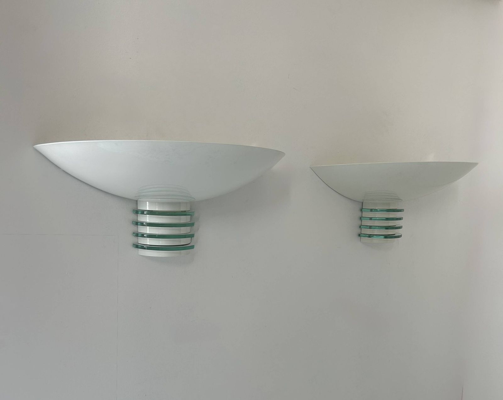 photo for sale Pair Of Post Modernist Wall Lights, White Metal And Glass, France 1980