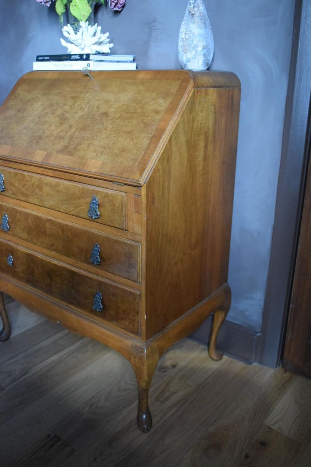 Stunning Antique Burr And Burl Wood C. 1900s Walnut Writing Bureau photo buy