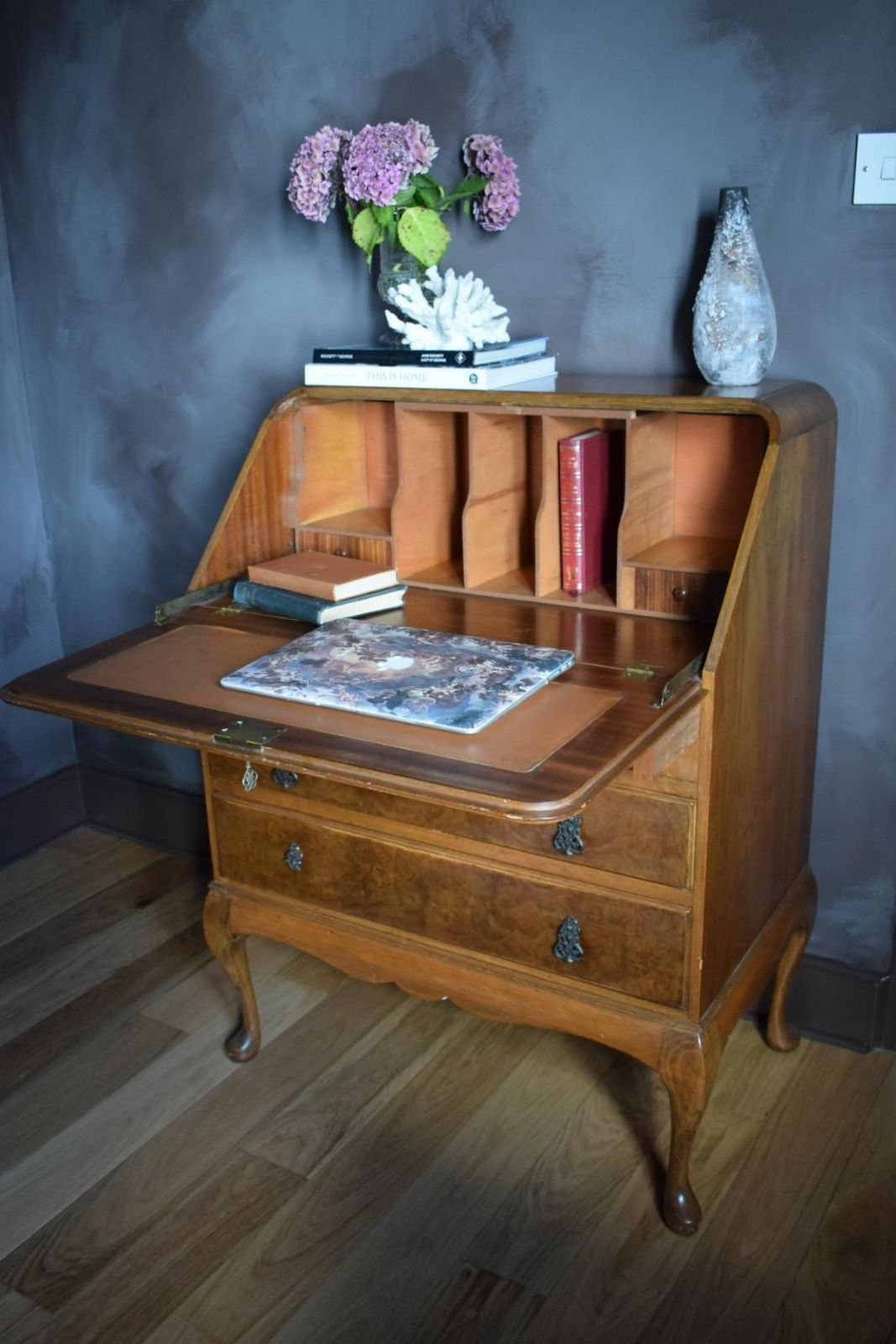 Stunning Antique Burr And Burl Wood C. 1900s Walnut Writing Bureau photo vintage