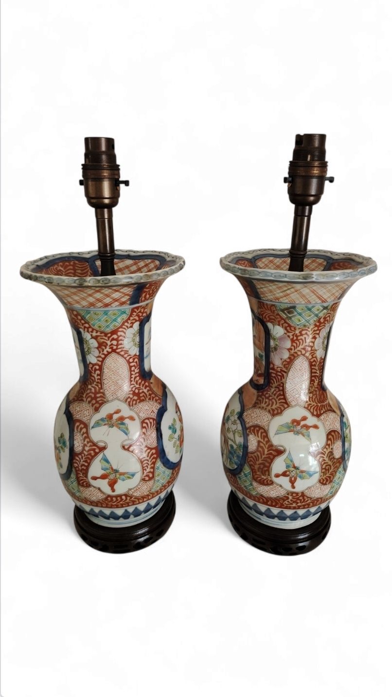 Pair Of C. 19th Meiji Arita  Yaki Imari Porcelain Vase Lamps photo for sale