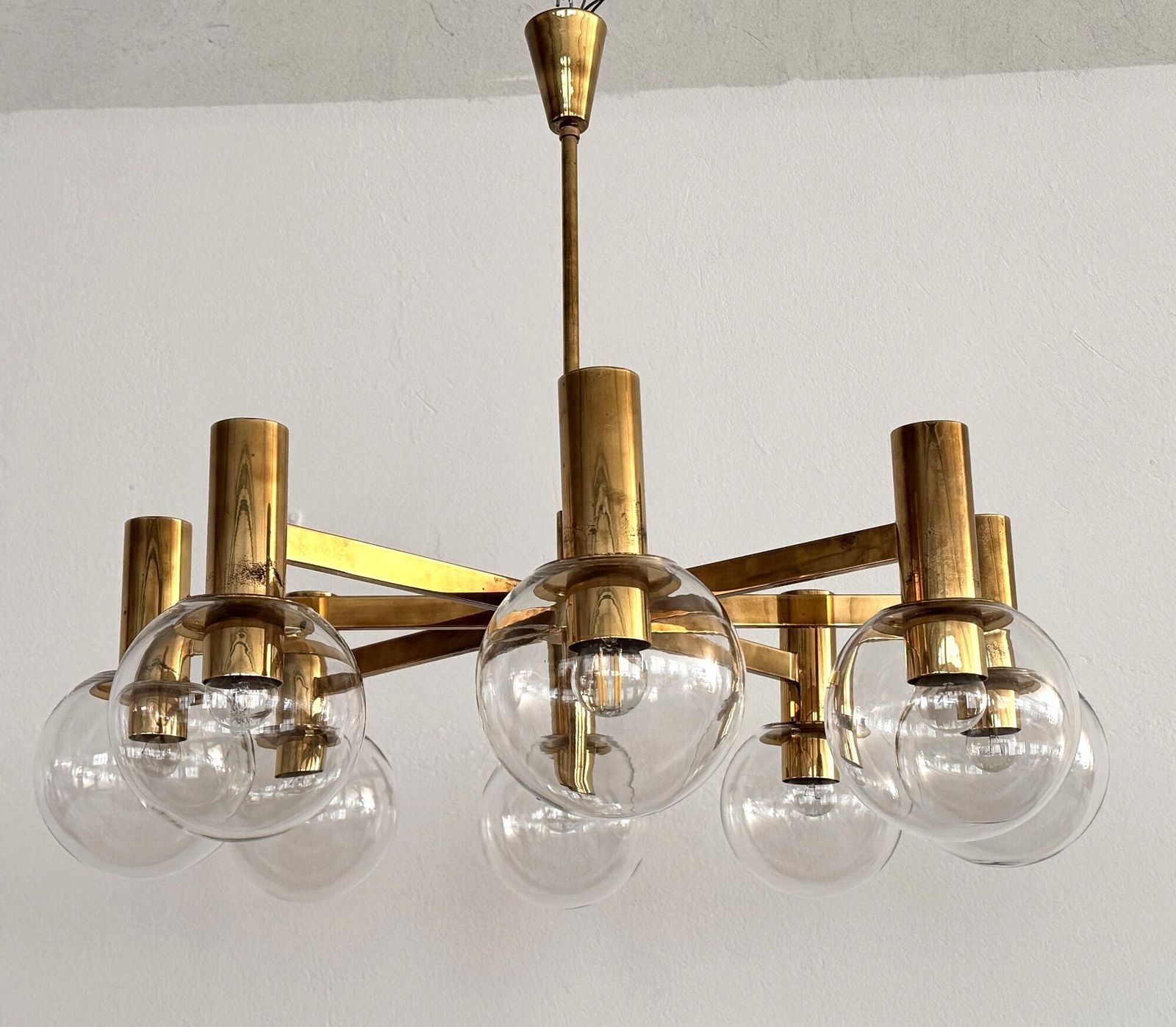 Hans Agne Jakobsson Midcentury Brass And Eight Light Glass Globes Chandelier photo for sale