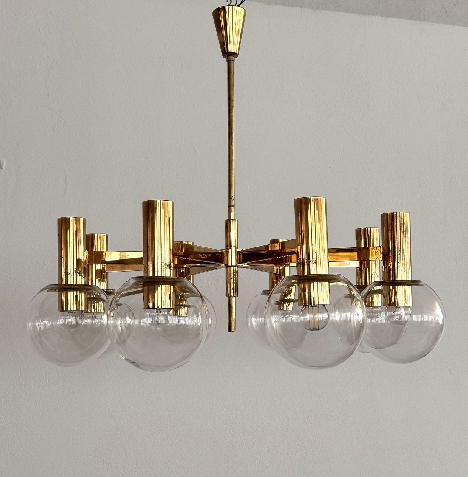 Hans Agne Jakobsson Midcentury Brass And Eight Light Glass Globes Chandelier photo buy