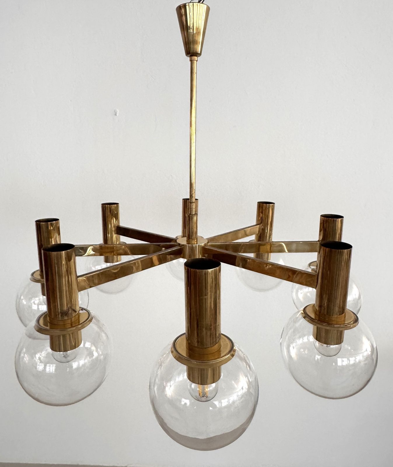 Hans Agne Jakobsson Midcentury Brass And Eight Light Glass Globes Chandelier photo vintage