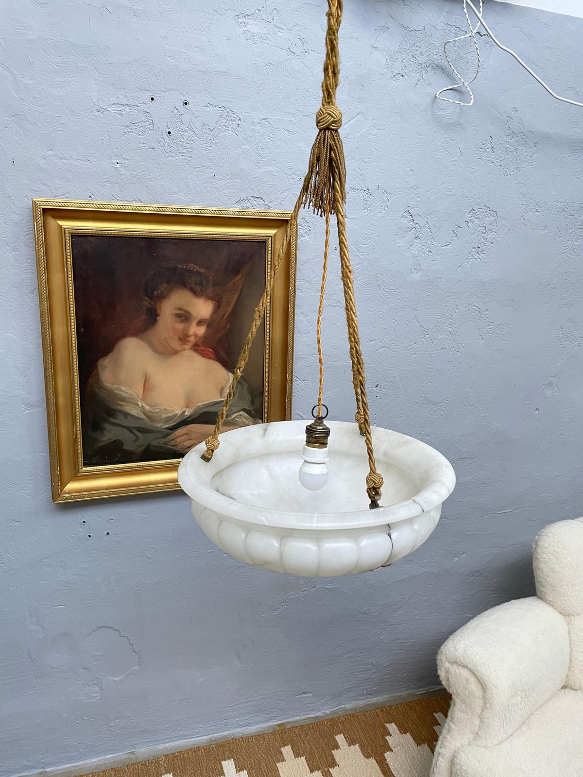Antique Alabaster Art Deco Plafonnier Chandelier photo for sale