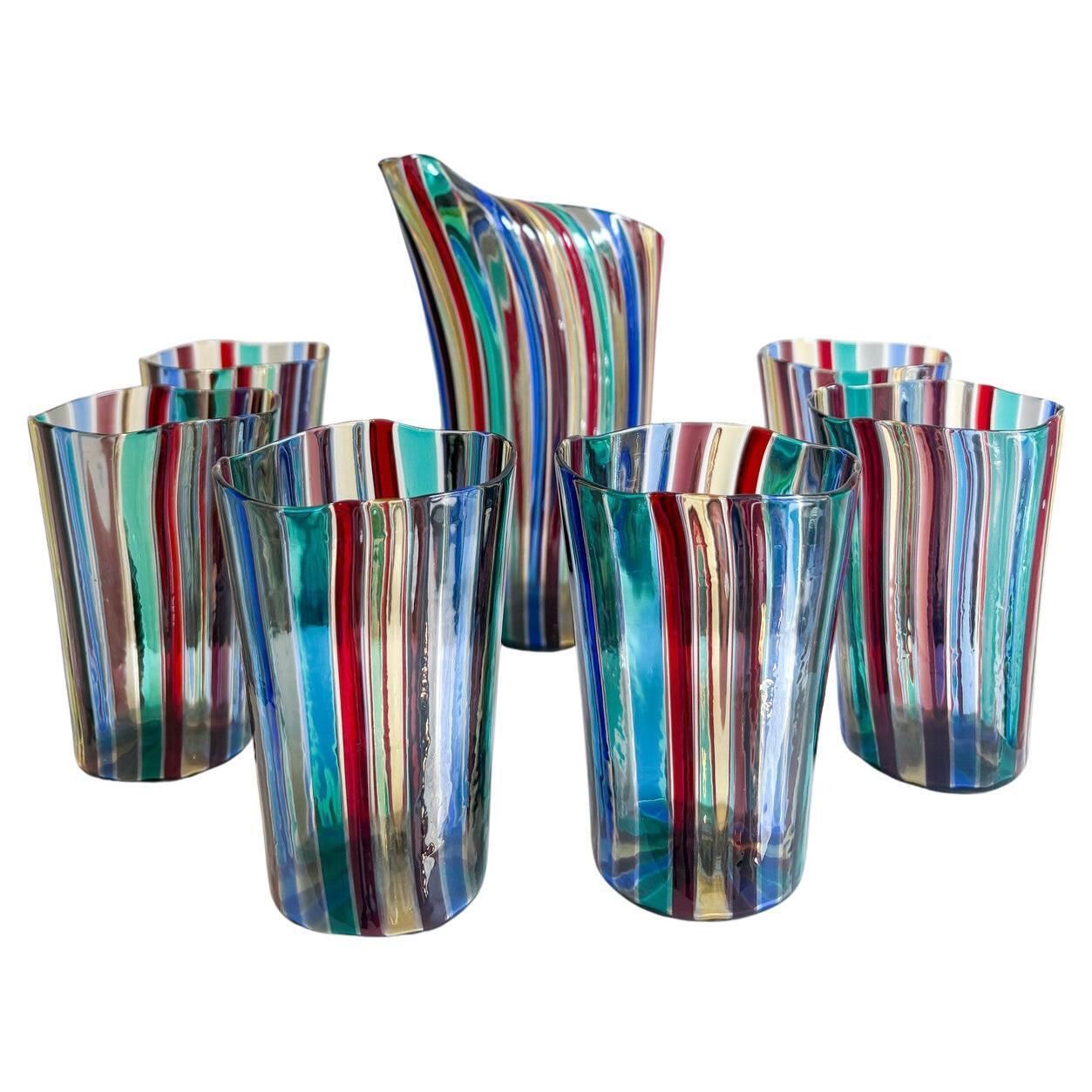 Set Of 6 Glasses And Pitcher By Gio Ponti For Venini, Italy, 1959