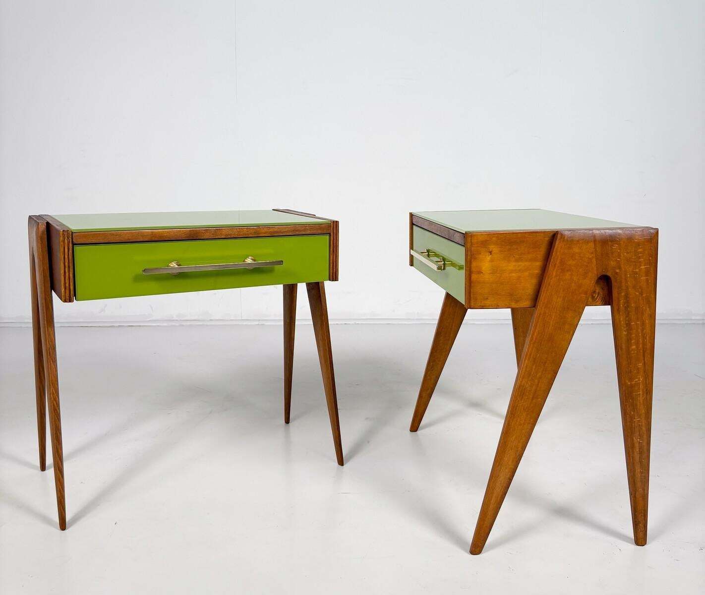 Contemporary Pair Of Green Nightstands, Wood And Glass, Italy photo buy