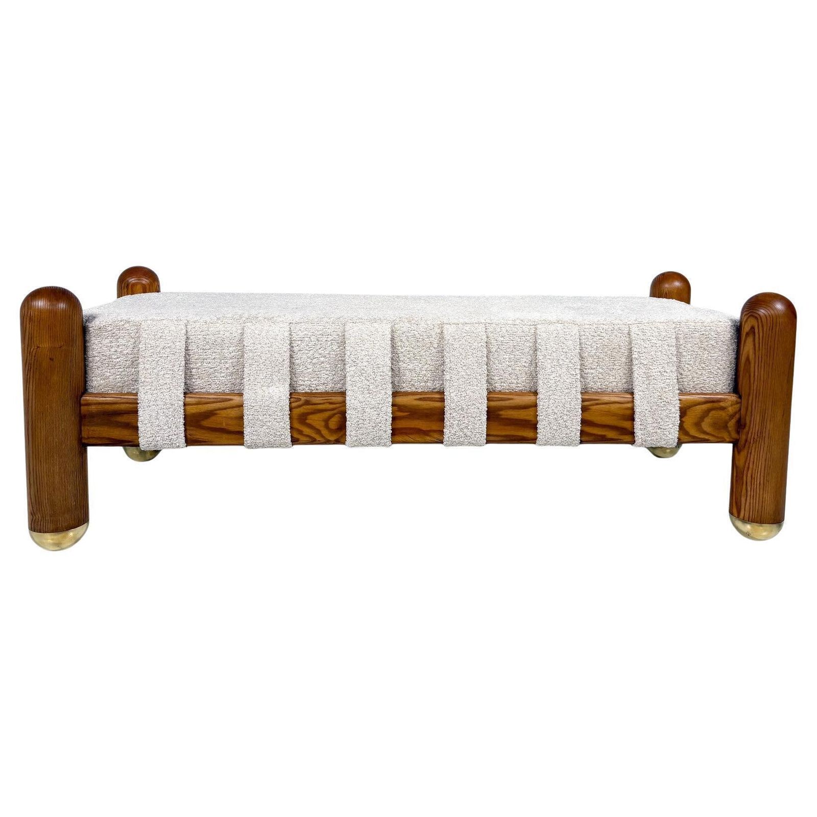 Contemporary Bench, Brass And Wood And Beige Fabric, Italy