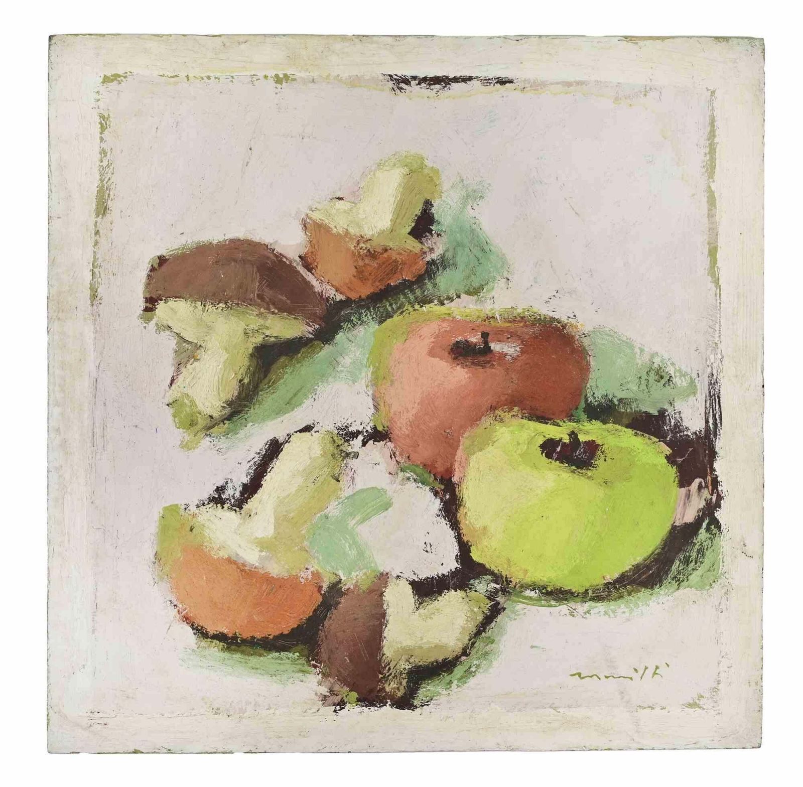 Franco Marzillistill Life With Apples And Mushrooms   Oil Painting By Franco Marzilli   1970s1970s