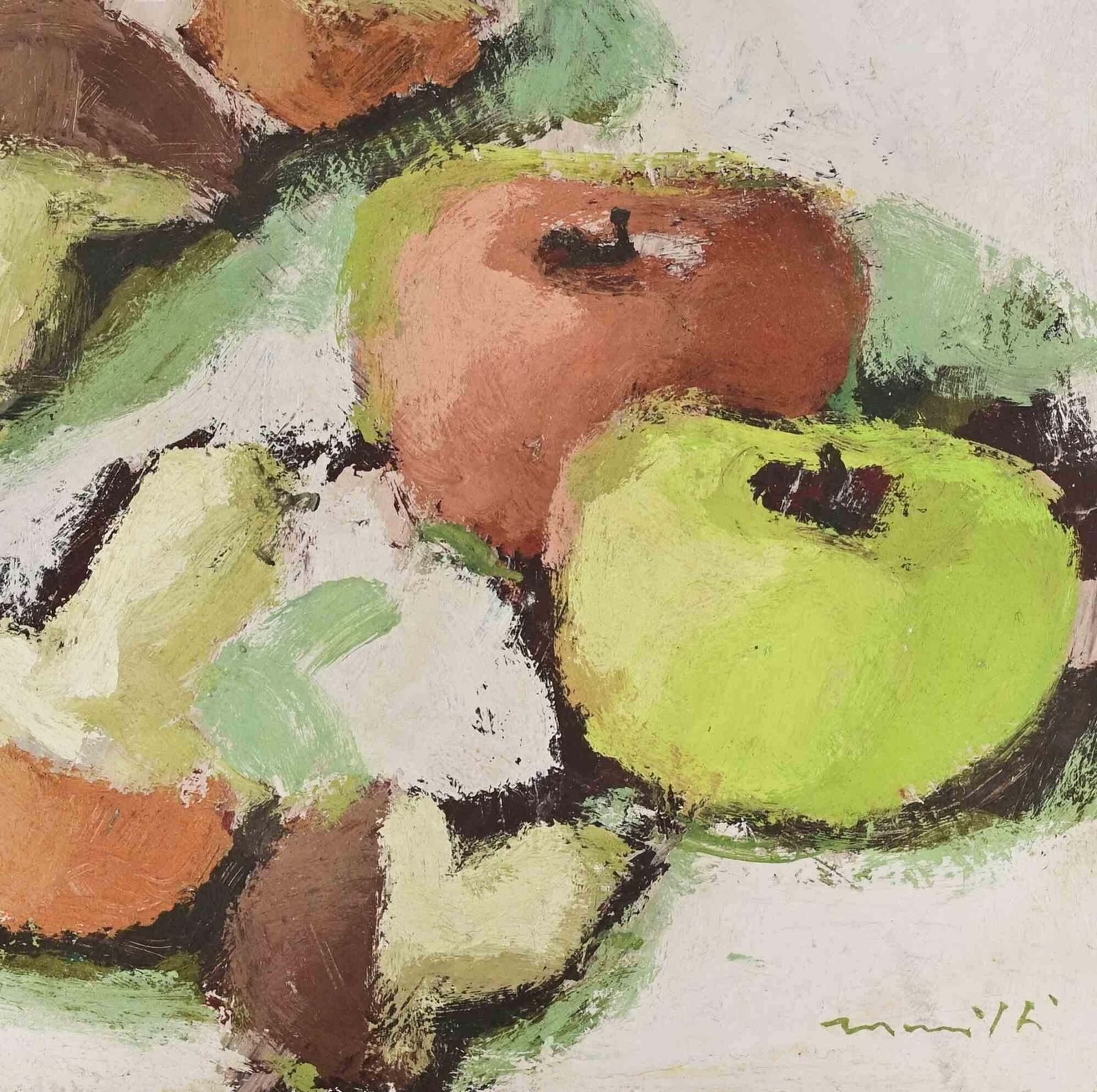 Franco Marzillistill Life With Apples And Mushrooms   Oil Painting By Franco Marzilli   1970s1970s photo for sale