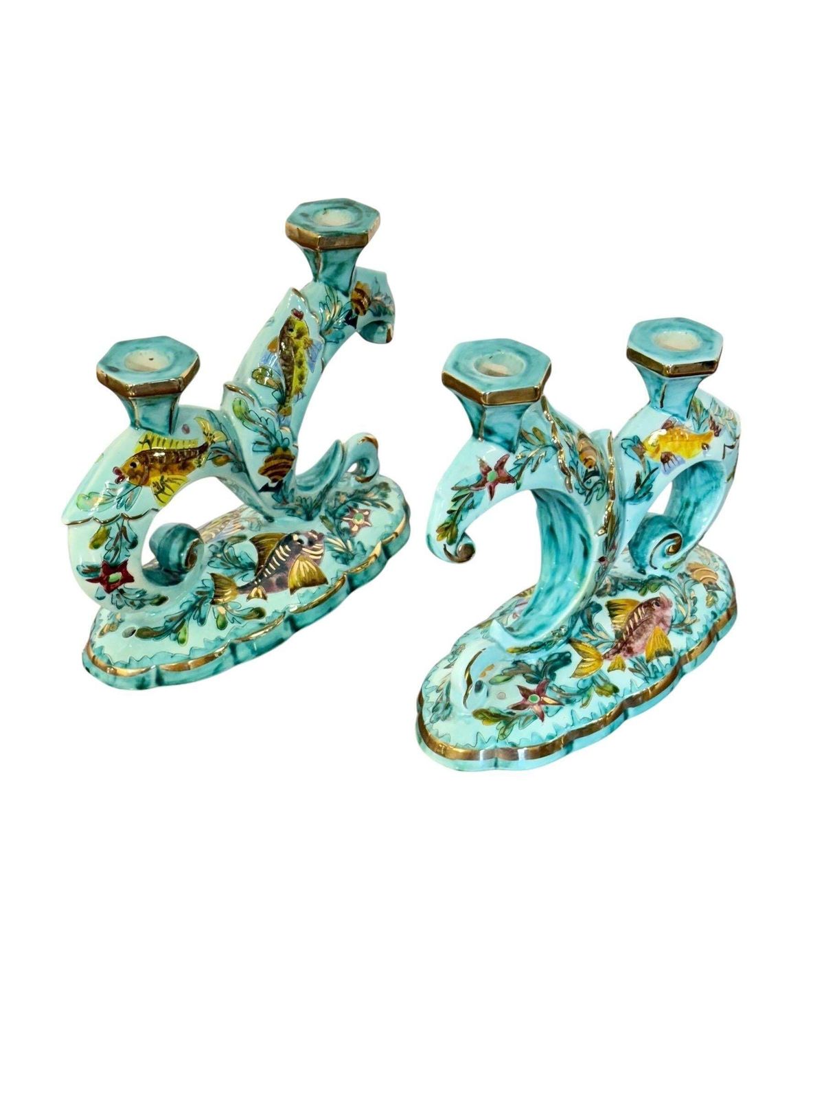 photo for sale Rare Signed Monaco Majolica Double Candlesticks With Marine Décor