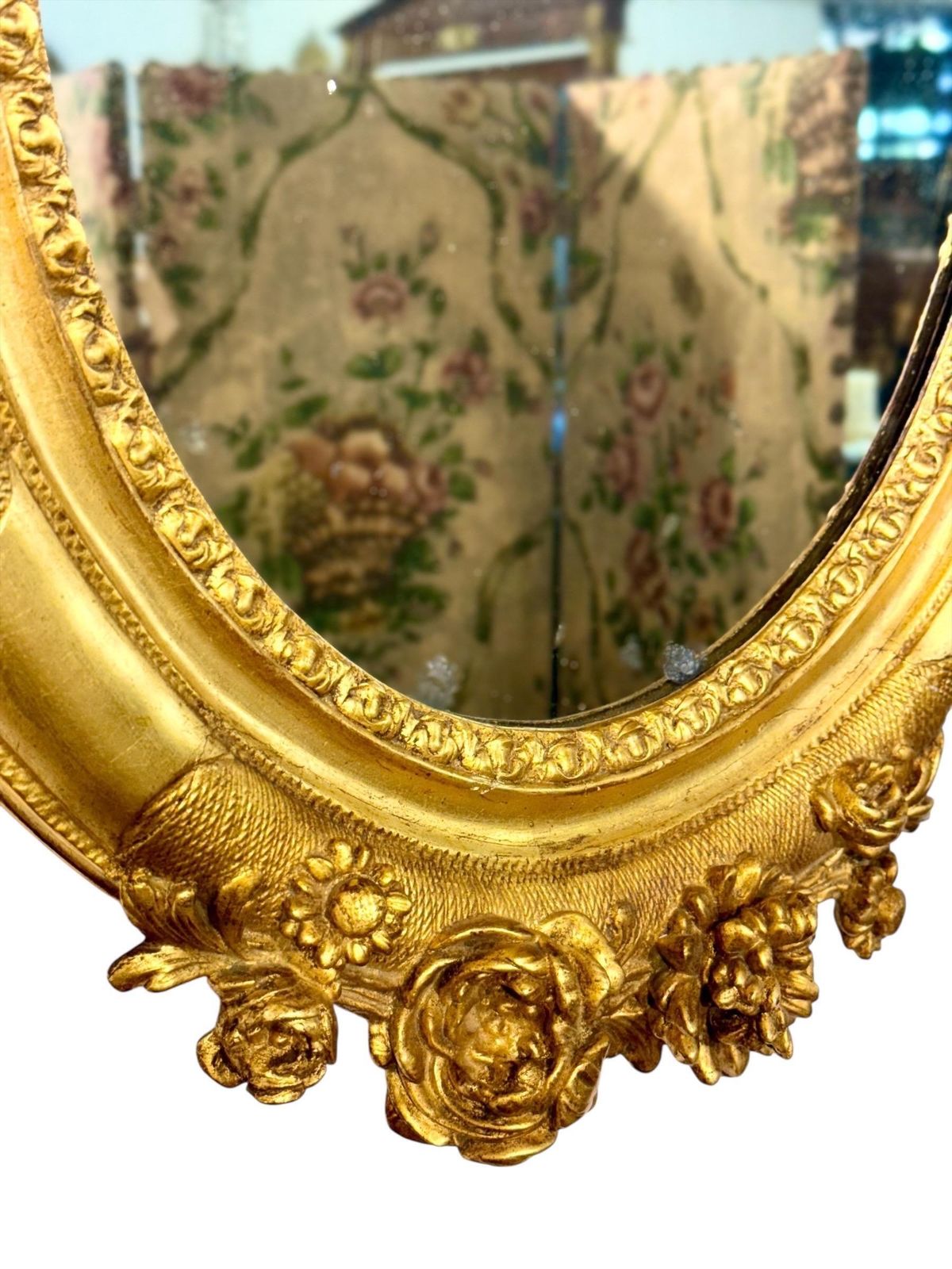 Antique Louis XVI Giltwood Oval Mirror With Floral Carving photo 1939.0