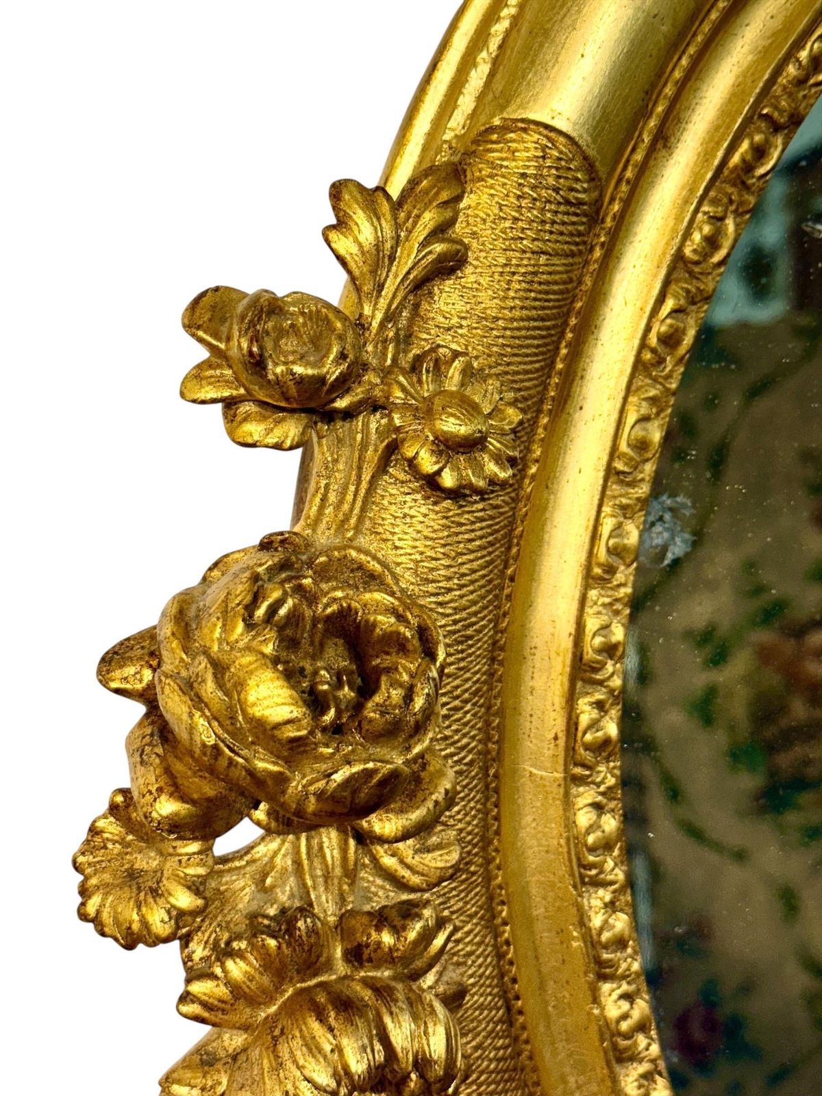 1939.0 Antique Louis XVI Giltwood Oval Mirror With Floral Carving photo