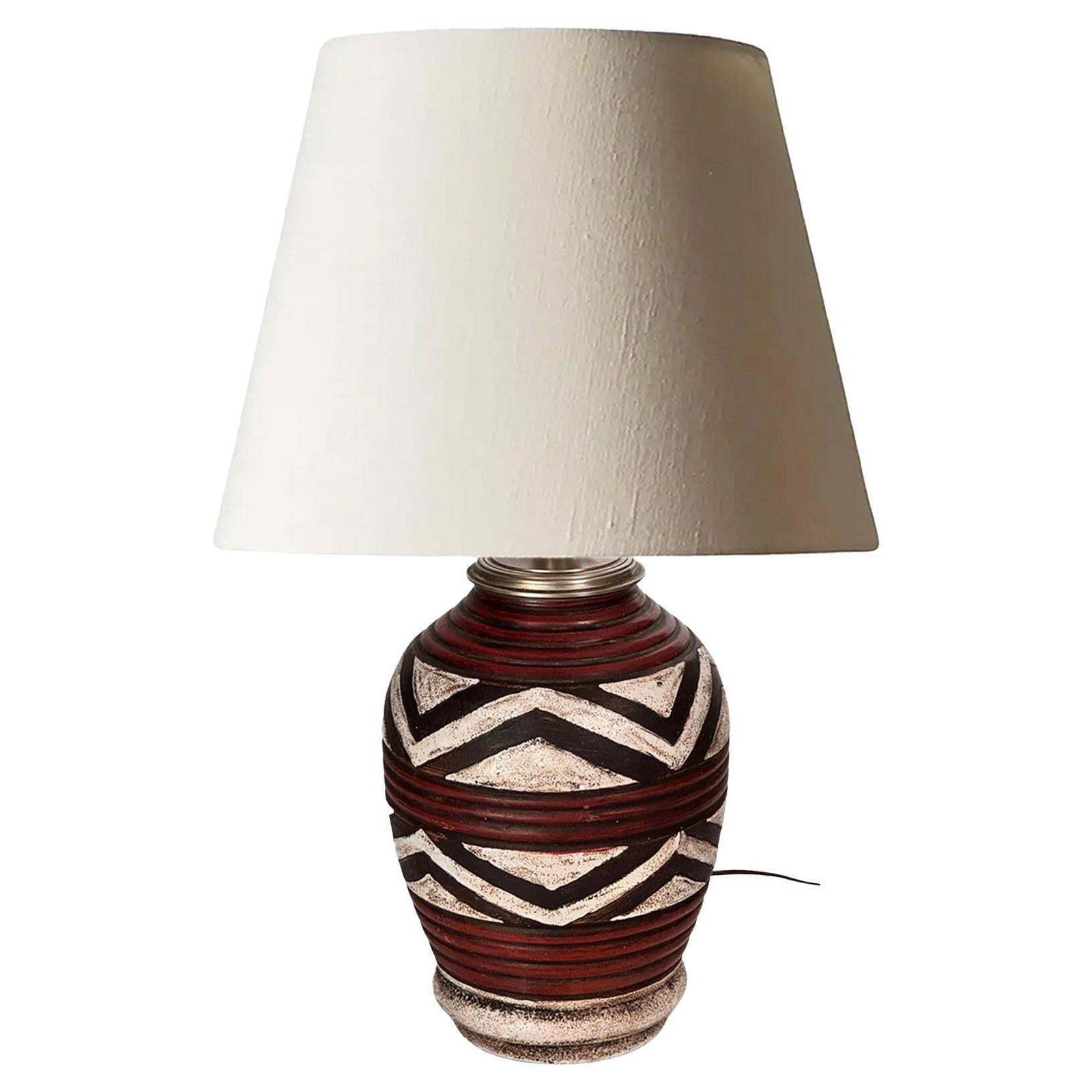 1930s French Art Deco Lamp In Crackled Ceramic And Brass  Geometric Red Motifs