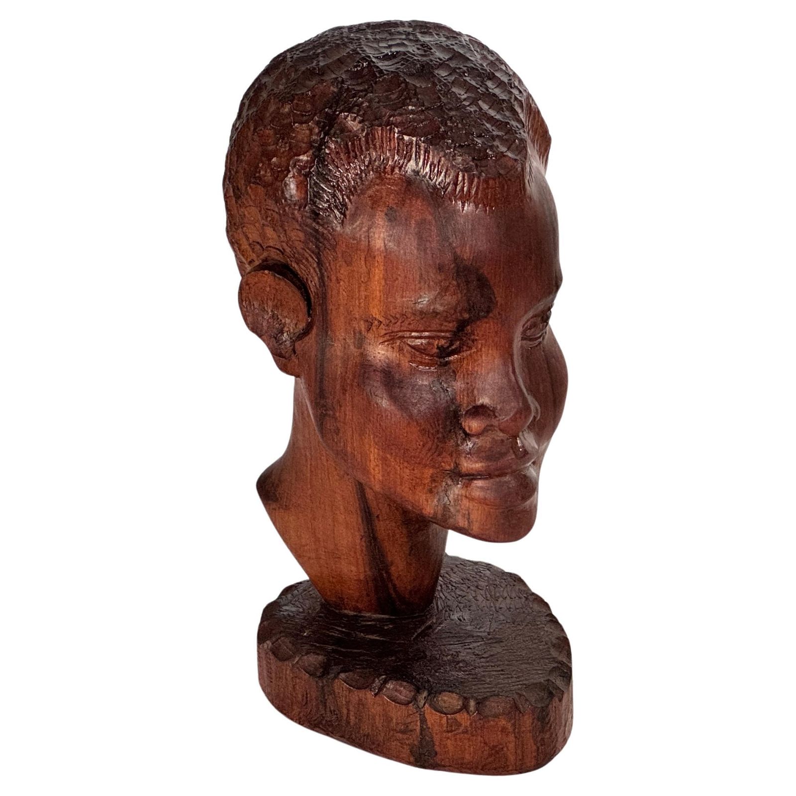 Hand Carved African Head Sculpture In Patinated Wood – Mid Century Decoration