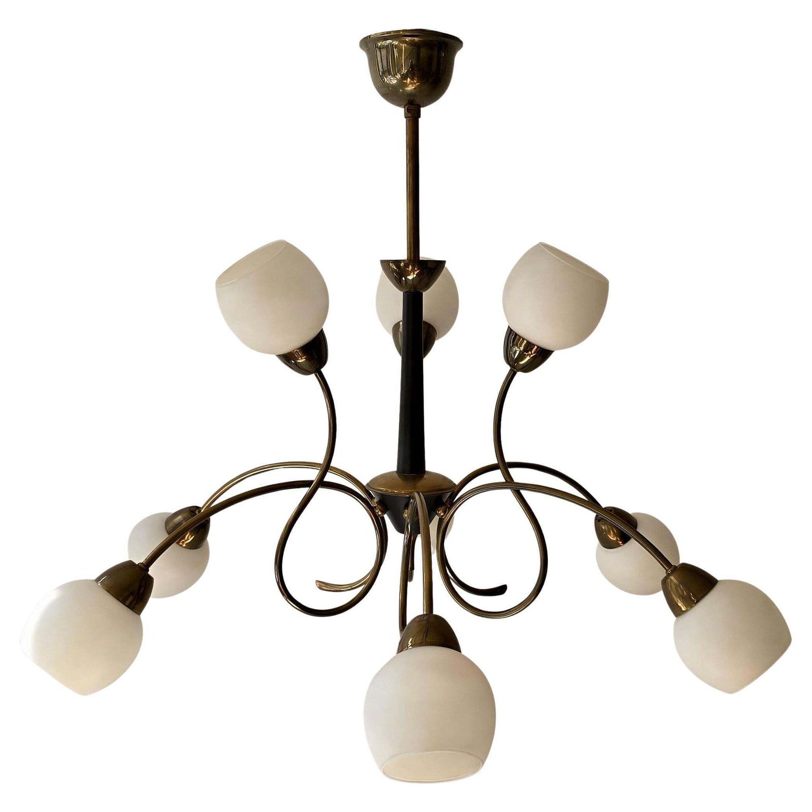 Talian 1950s Stilnovo Style Brass And Opaline Glass Nine Light Chandelier photo Lighting