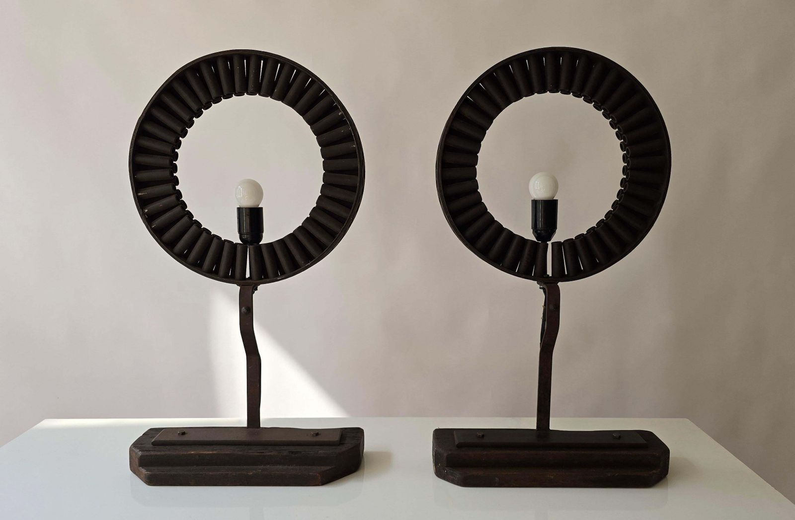 Brutalist Industrial Table Lamp Made From Reclaimed Machinery Parts And Wood photo furniture