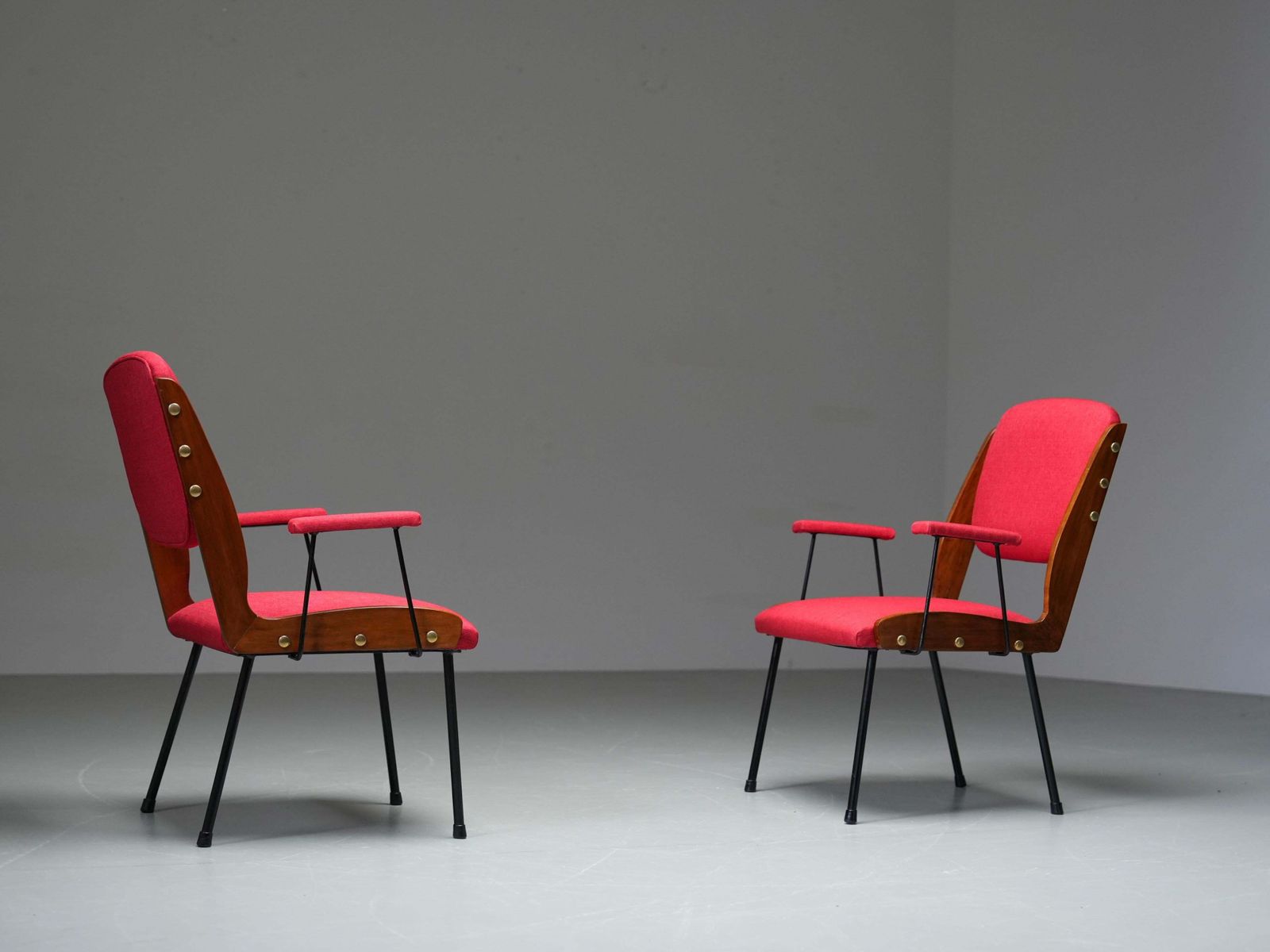 Set Of Two Red Armchairs In Brass And Wood, Italy, 1960's photo furniture
