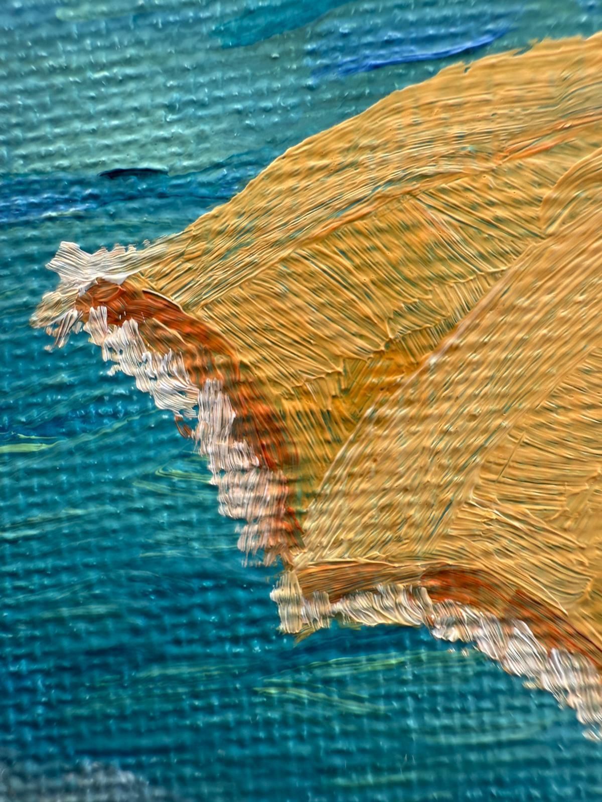 Bernadette Van Baarsen Turquoise And Yellow Provençal Beach Scene. Oil On Canvas. The Yellow Parasol.2025 photo buy