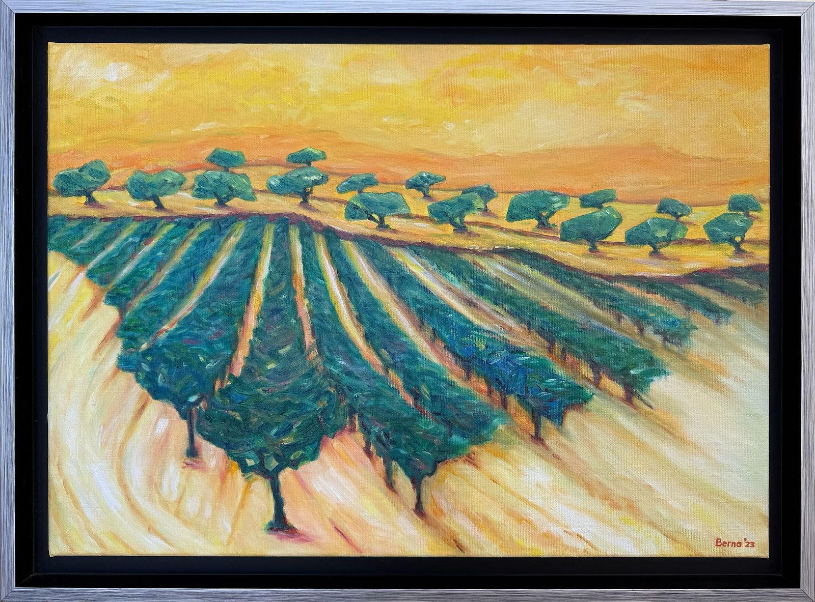 Bernadette Van Baarsen Green & Yellow Provençal Landscape In Oil On Canvas. 'Range De Rolle'.2023