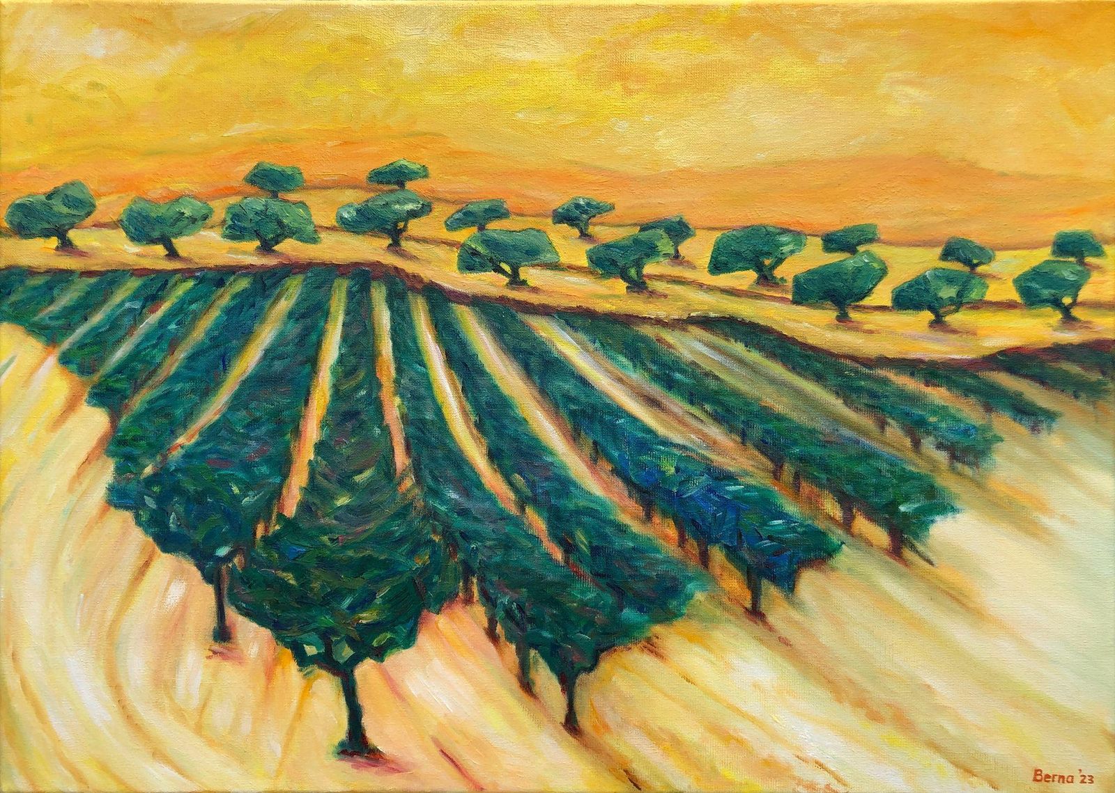 Bernadette Van Baarsen Green & Yellow Provençal Landscape In Oil On Canvas. 'Range De Rolle'.2023 photo furniture
