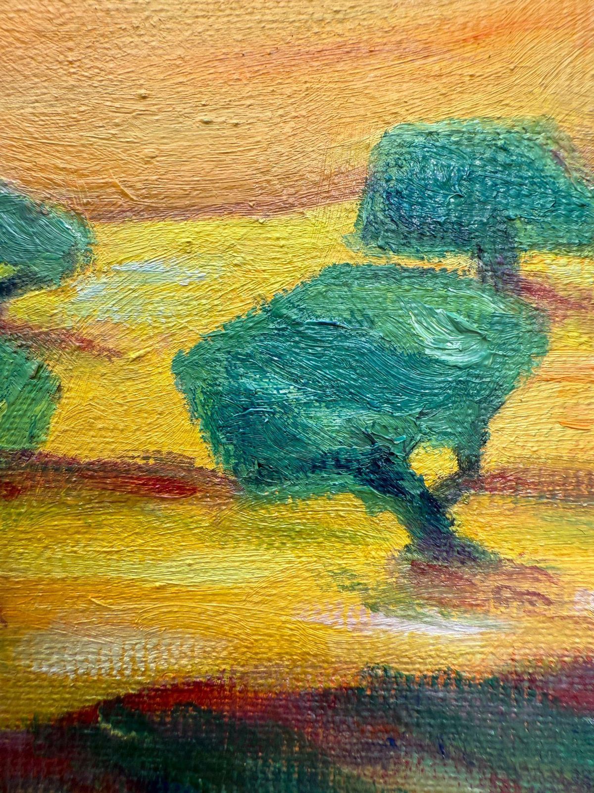 Bernadette Van Baarsen Green & Yellow Provençal Landscape In Oil On Canvas. 'Range De Rolle'.2023 photo vinterior