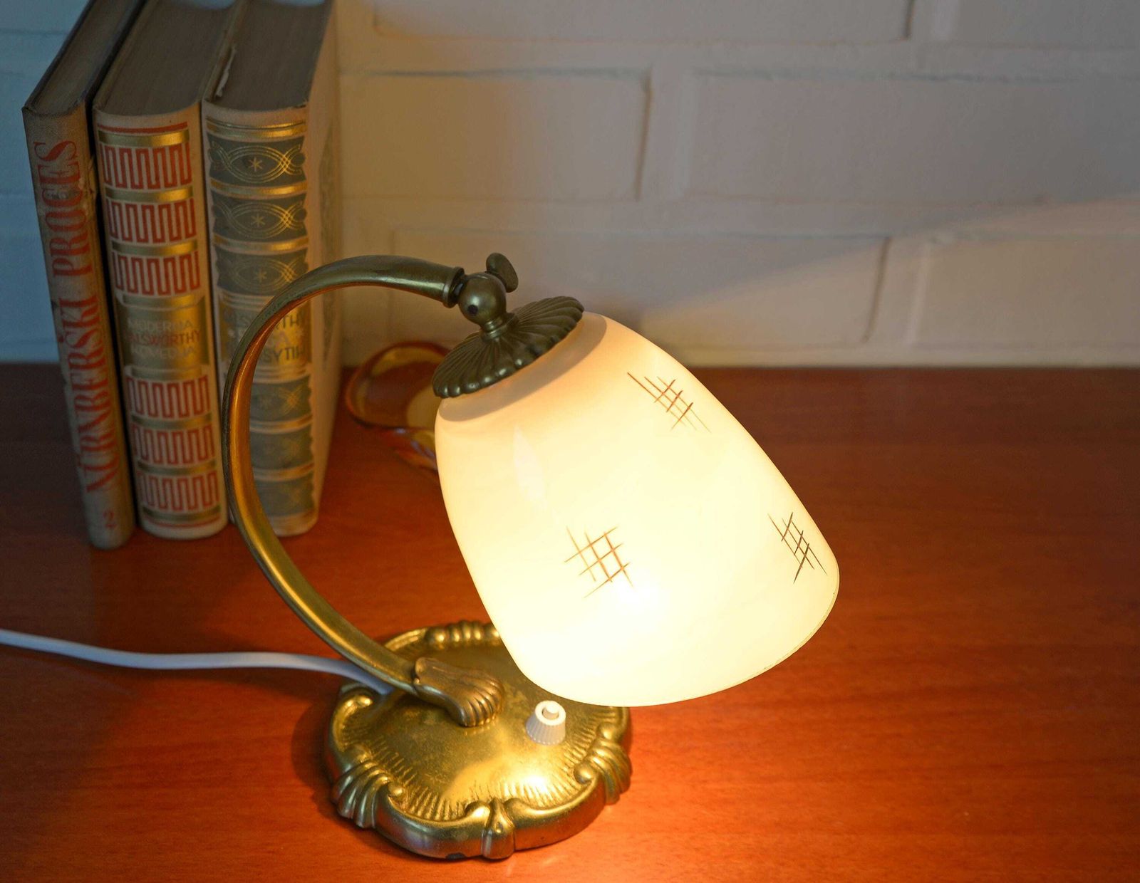 Antique Bedside Lamp / Art Deco Desk Lamp / Brass Table Light / Hand Blown Glass / Handmade Light Fixture 1940's photo furniture
