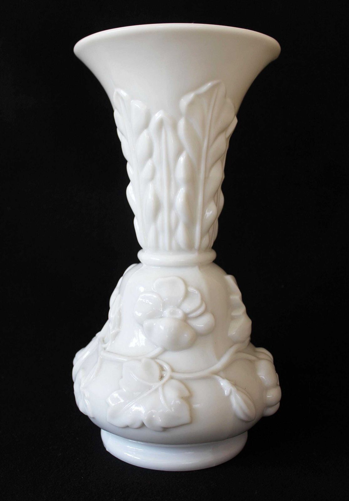 Tall Antique White Opaline Vase, French, Style Saint Louis Vase, Art Glass, Pressed Glass, Vine Leaves Flowers, Late 19th Century photo furniture