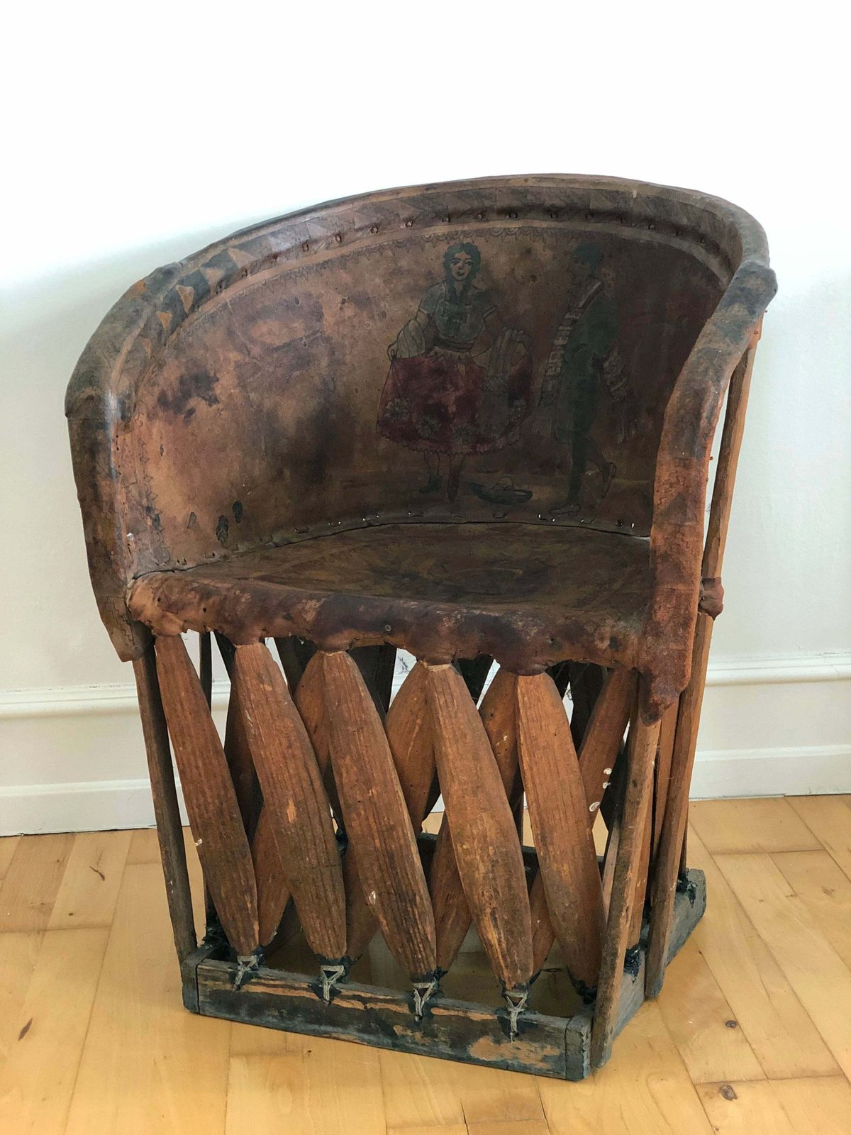 Mexican Equipale Folk Art Chair With Hand Painted Scene 1930s