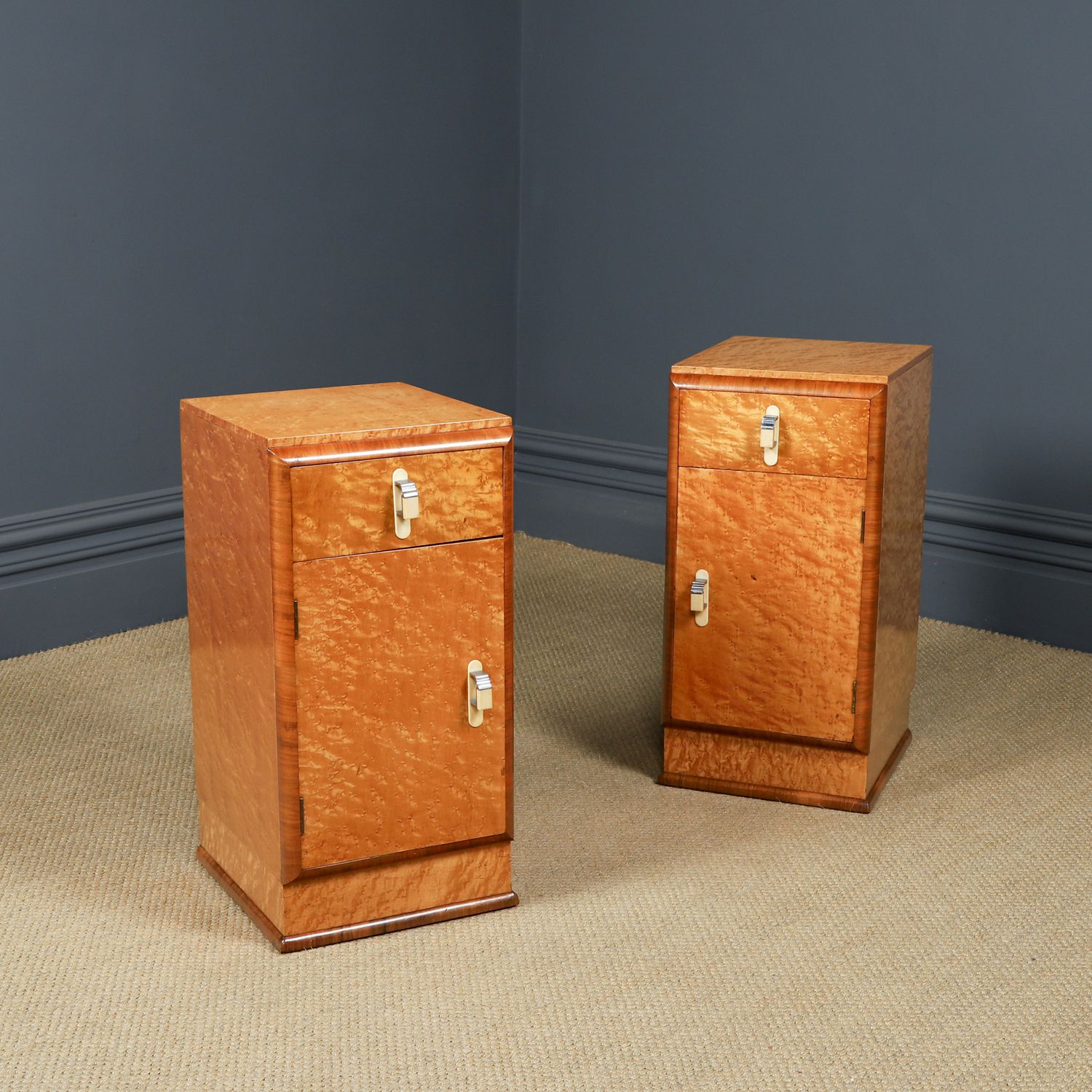 English Pair Of Art Deco Birds Eye Maple & Walnut Bedsides Cupboards Chests Cabinets Tables Nightstands (Circa 1930)