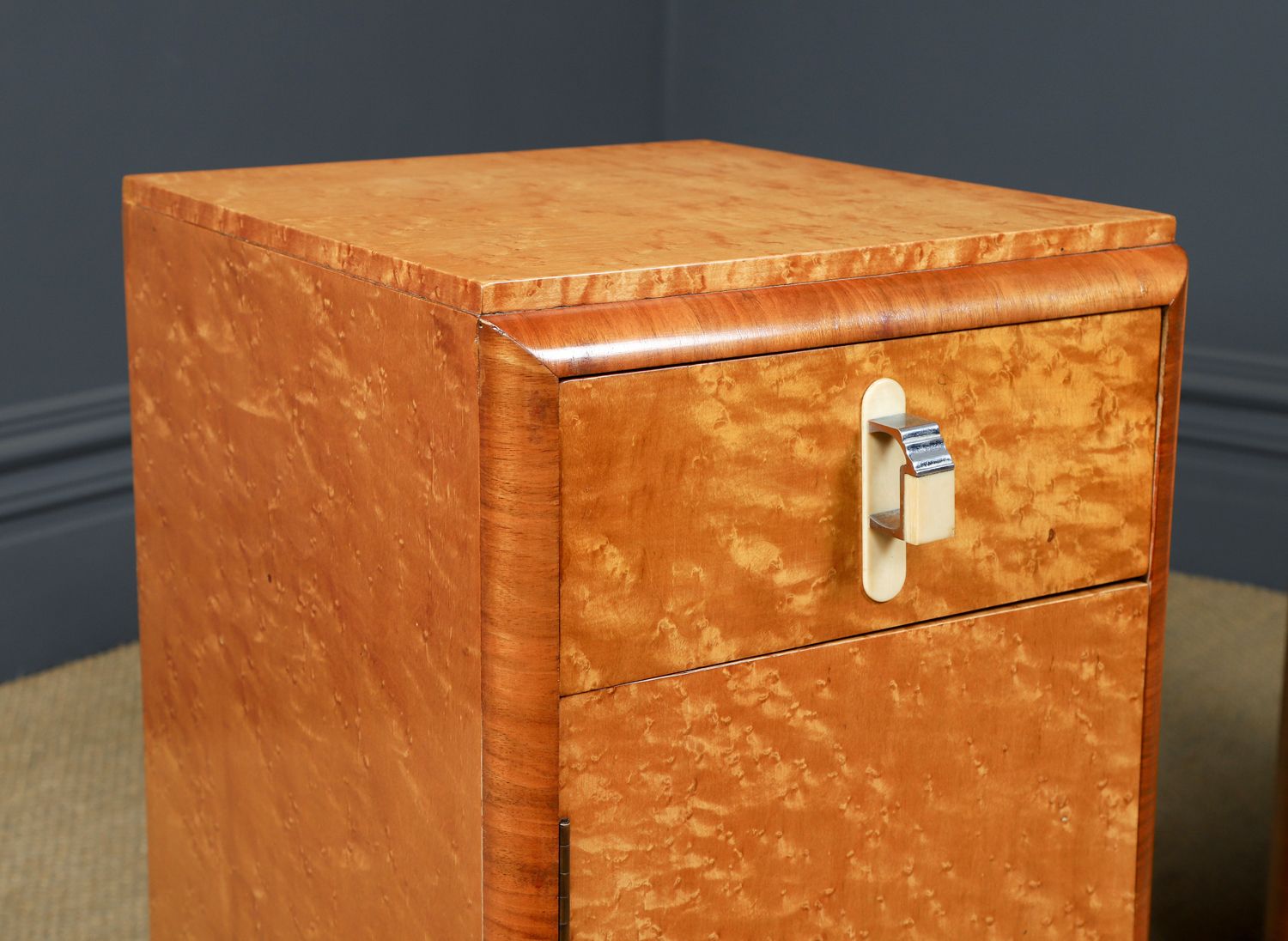 English Pair Of Art Deco Birds Eye Maple & Walnut Bedsides Cupboards Chests Cabinets Tables Nightstands (Circa 1930) photo for sale