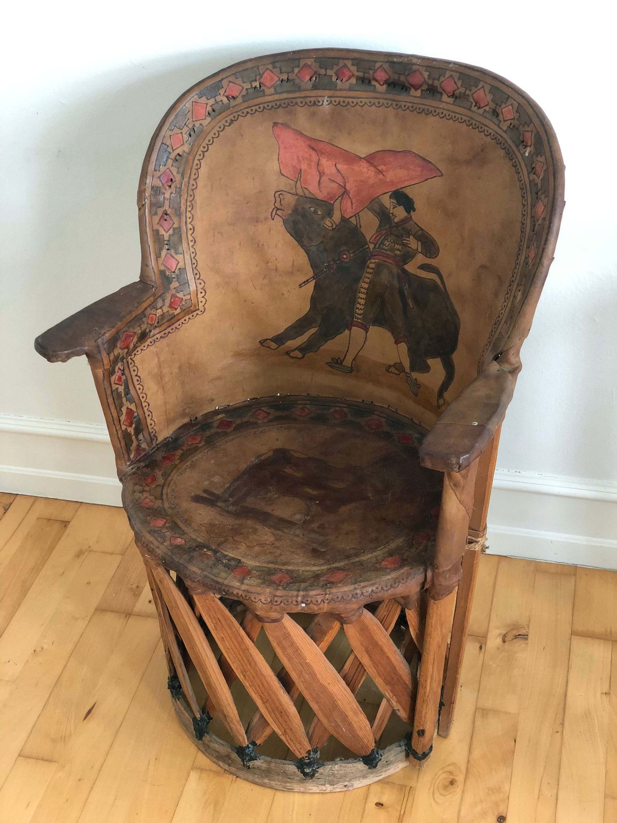 Mexican Equipale Folk Art Chair With Hand Painted Bullfight Scene 1930s photo vinterior
