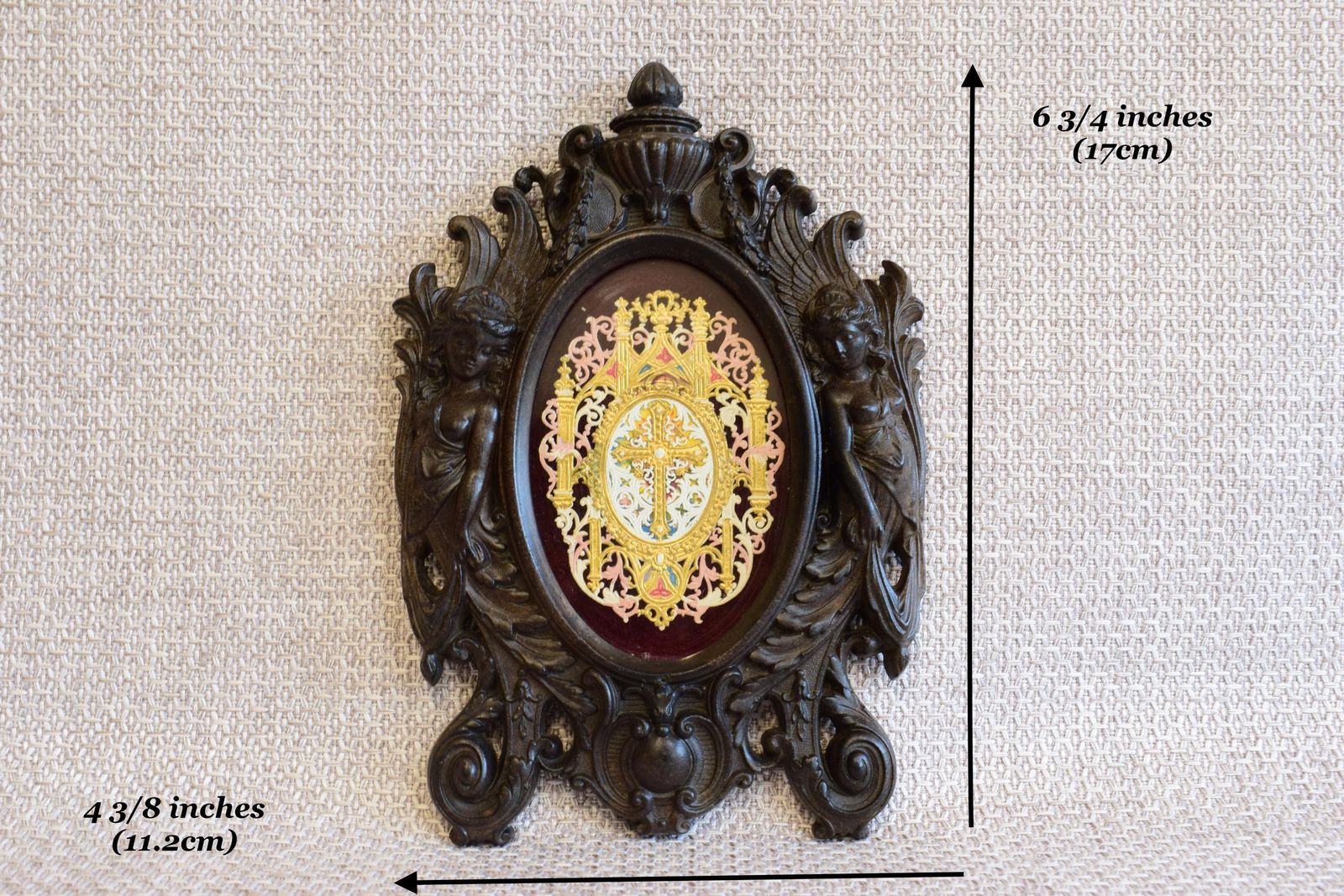 Victorian French Antique Black Photo Frame With Lace Canivet Holy Card Vulcanite Wall Frame photo for sale