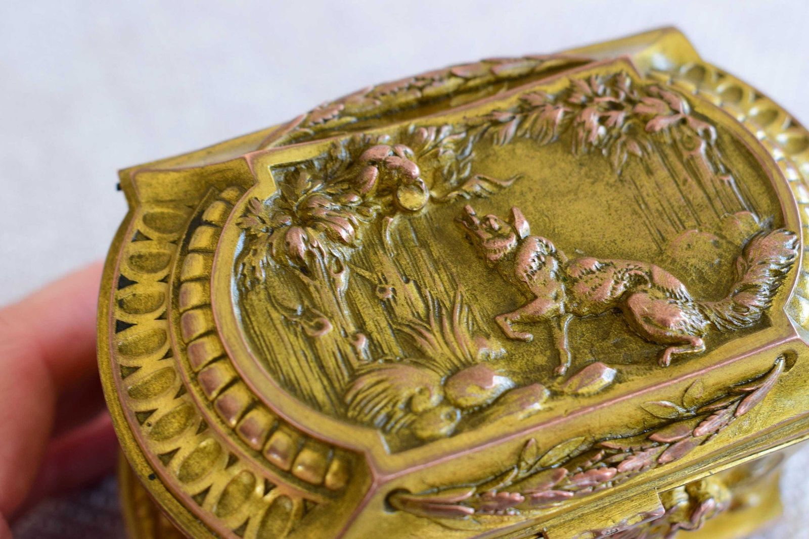 Rare Antique French Jewelry Casket The Fables Of Lafontaine, The Fox And The Crow Box, The Lion And The Rat photo vintage