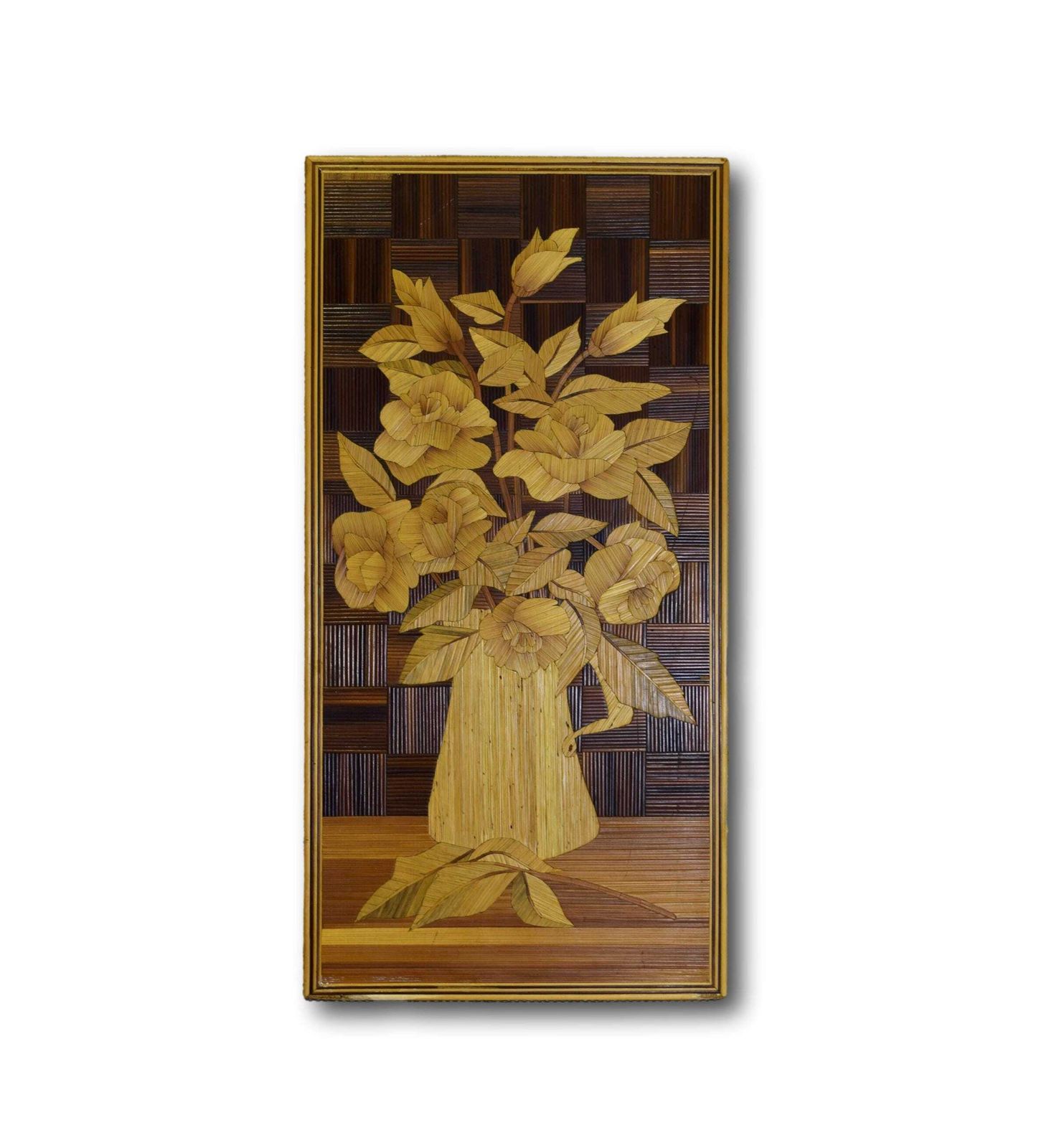 Art Deco Straw Marquetry Wall Panel, Still Life Bunch Of Flowers Wall Art, Straw Inlaid Work