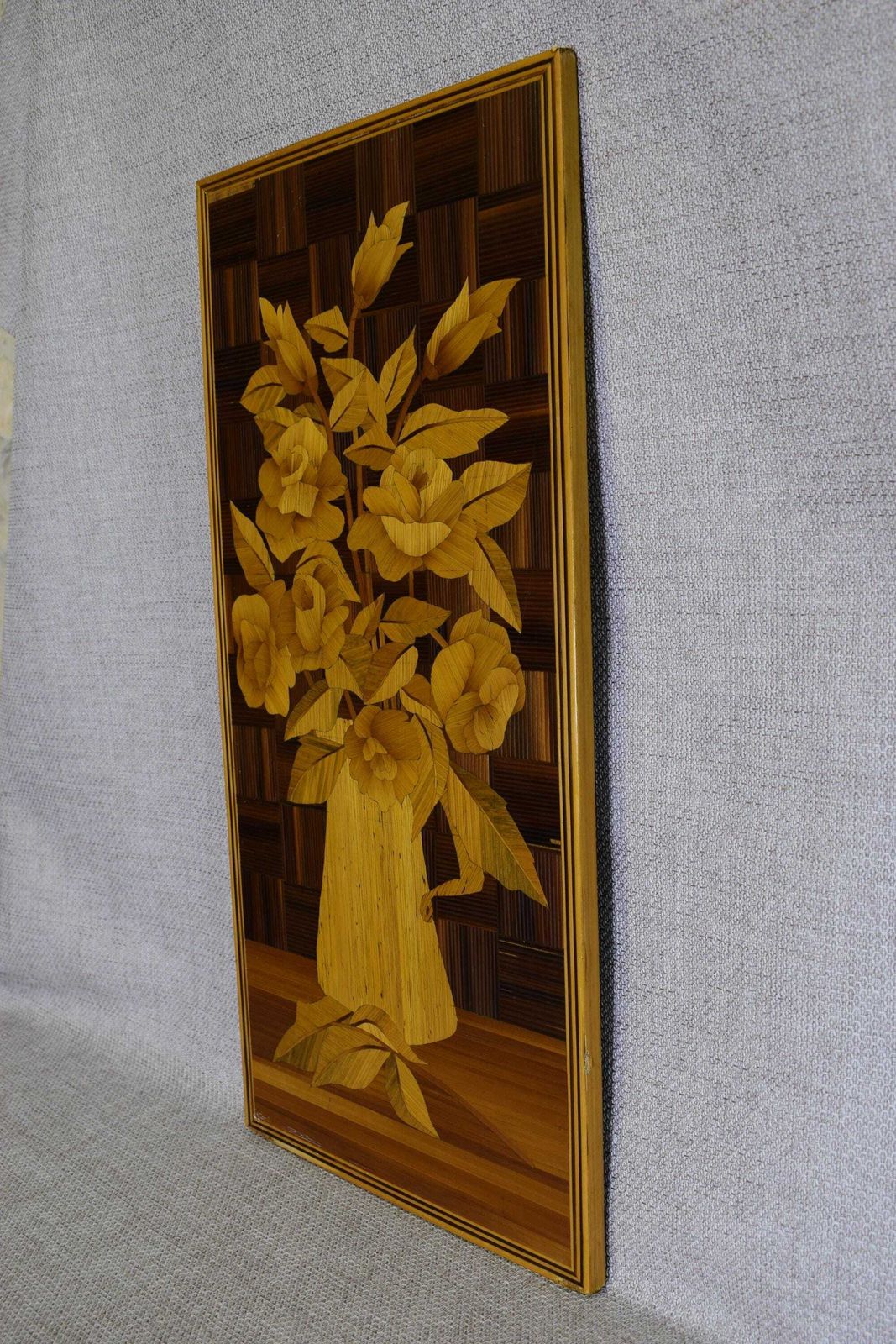 Art Deco Straw Marquetry Wall Panel, Still Life Bunch Of Flowers Wall Art, Straw Inlaid Work photo furniture