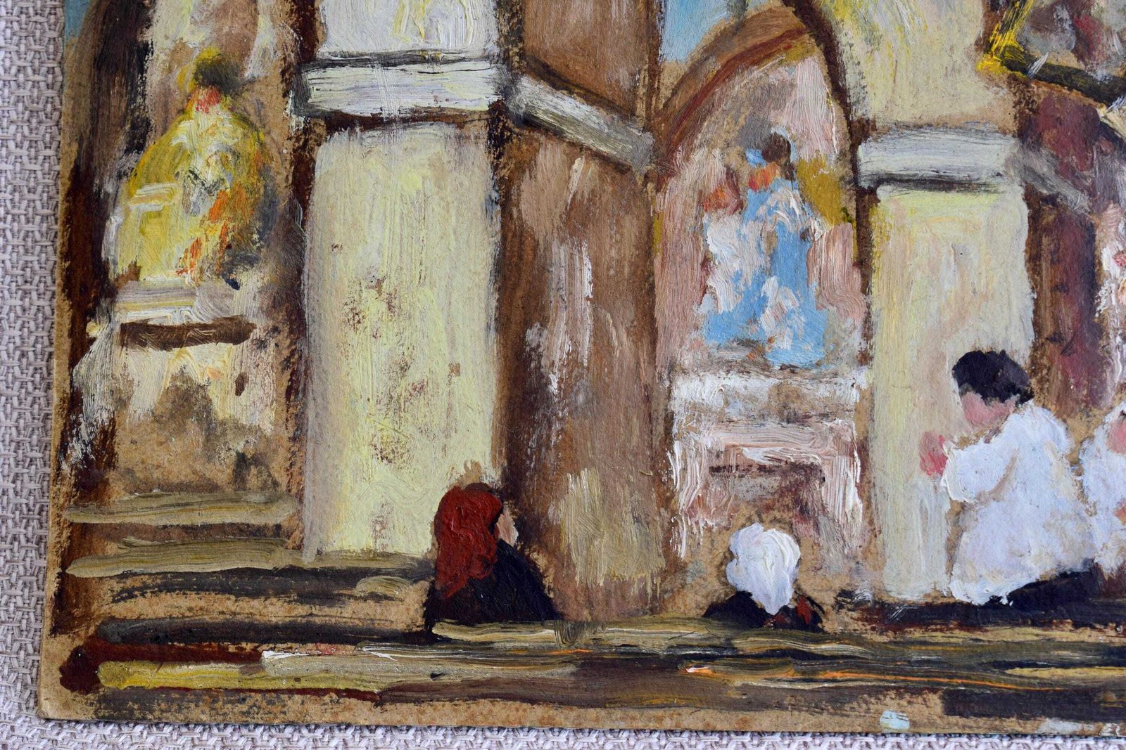 Impressionist Oil Painting On Panel Signed, French Vintage Church Interior Painting Original Art photo for sale