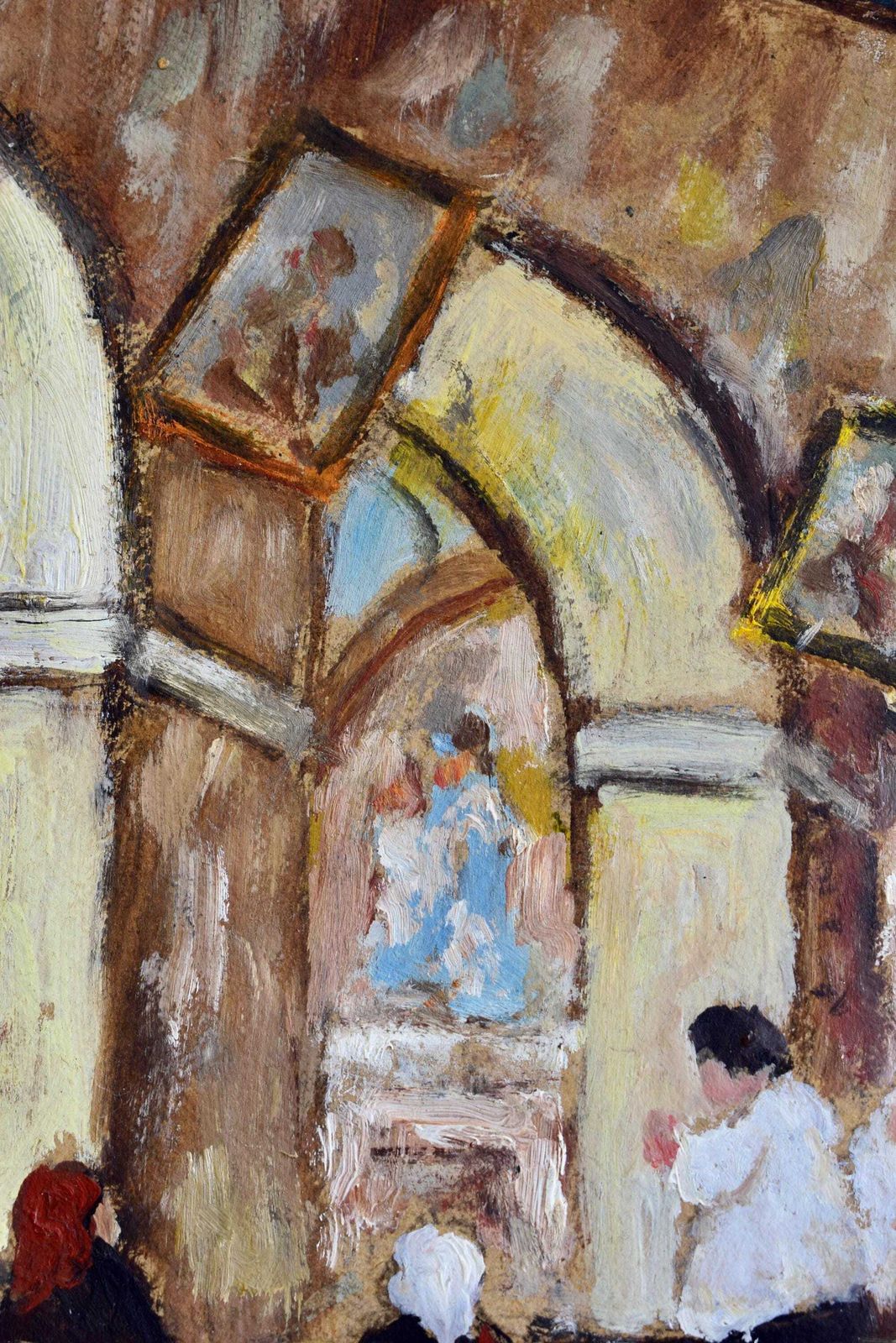 Impressionist Oil Painting On Panel Signed, French Vintage Church Interior Painting Original Art photo buy