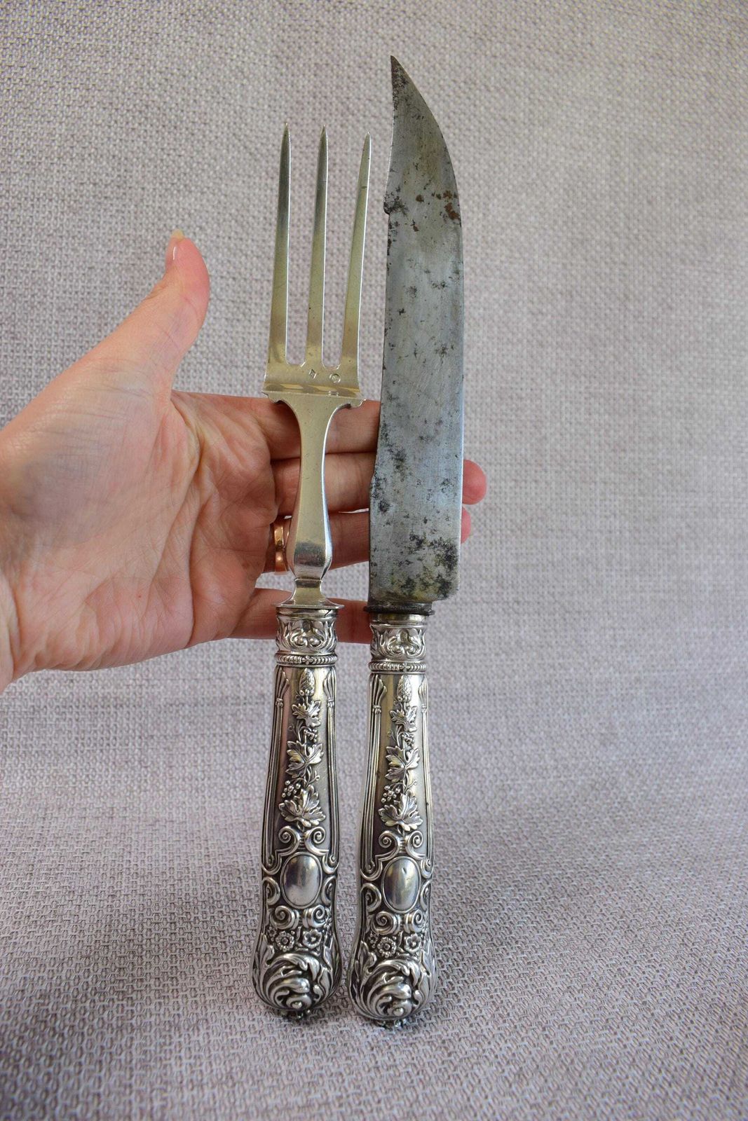 Rare 2pc Silver Carving Set By Gillot, Roast Knife And Fork, 1830's Billy Goat Silverware, French Antique Turkey Knife photo 361.0