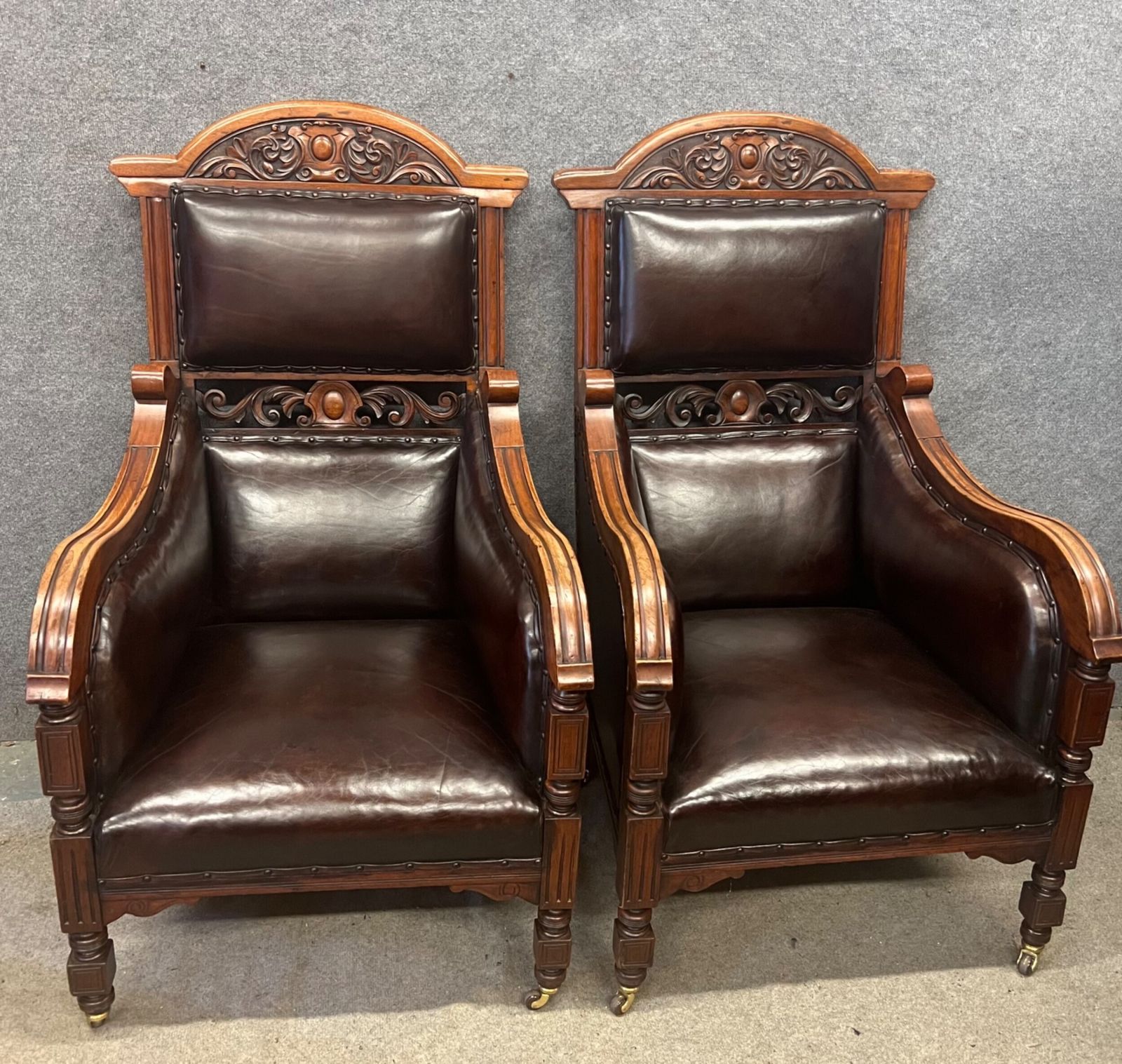 Pair Of Antique Walnut & Leather Armchairs photo vintage