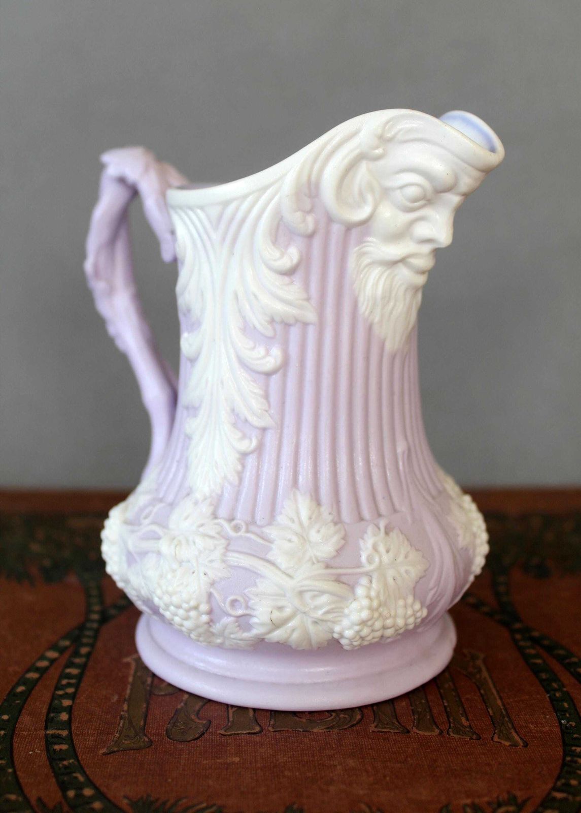 Antique Samuel Alcock Parian Ware Lavender Pitcher, Bacchus Mask And Grape Vines Relief Moulded Creamer Jug, Circa 1847, England Royal Arms photo furniture
