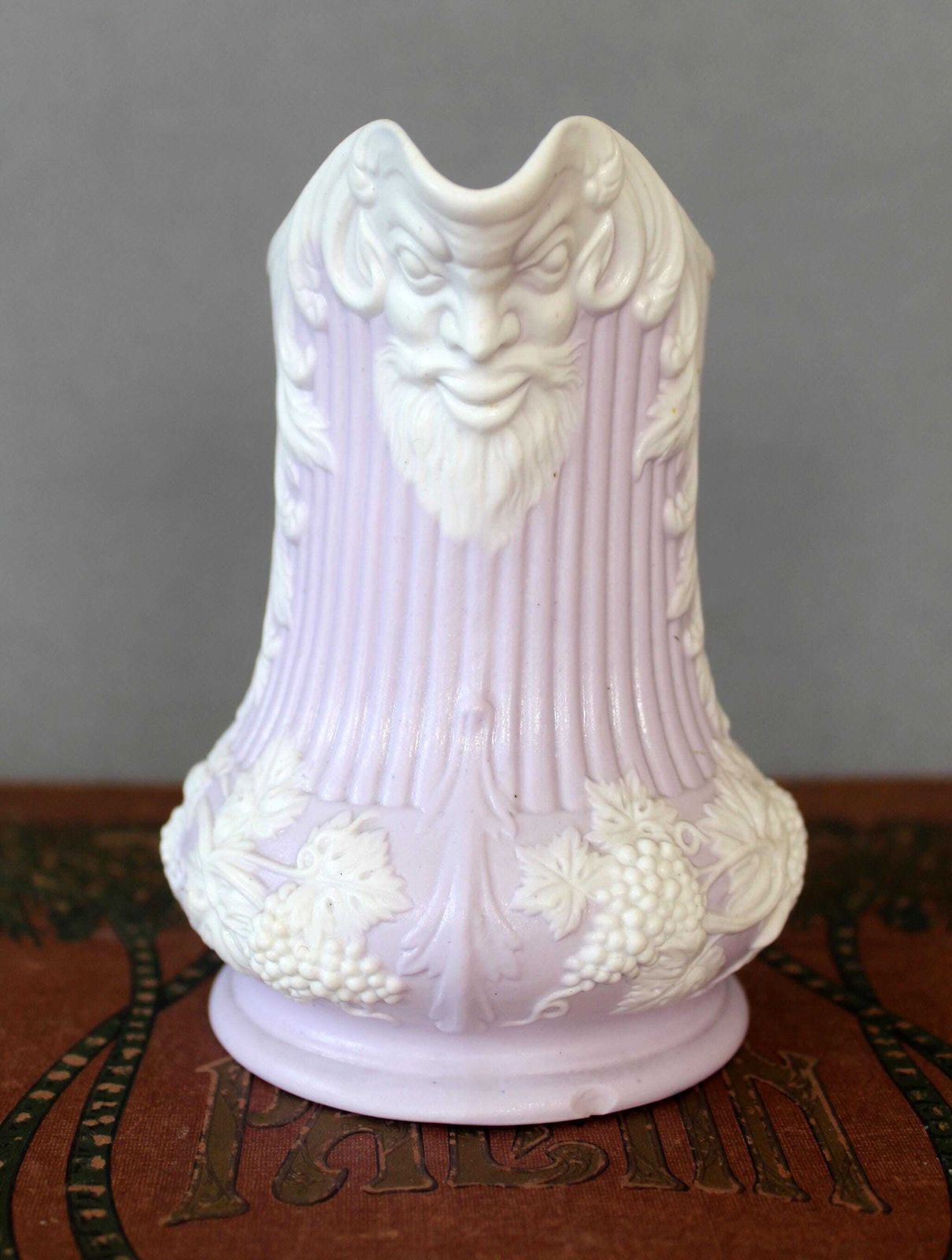 Antique Samuel Alcock Parian Ware Lavender Pitcher, Bacchus Mask And Grape Vines Relief Moulded Creamer Jug, Circa 1847, England Royal Arms photo for sale