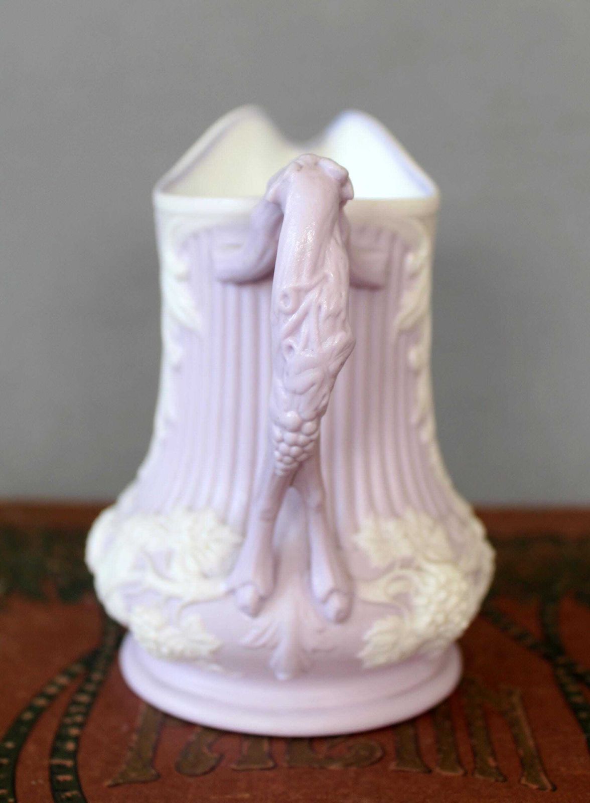 Antique Samuel Alcock Parian Ware Lavender Pitcher, Bacchus Mask And Grape Vines Relief Moulded Creamer Jug, Circa 1847, England Royal Arms photo vinterior