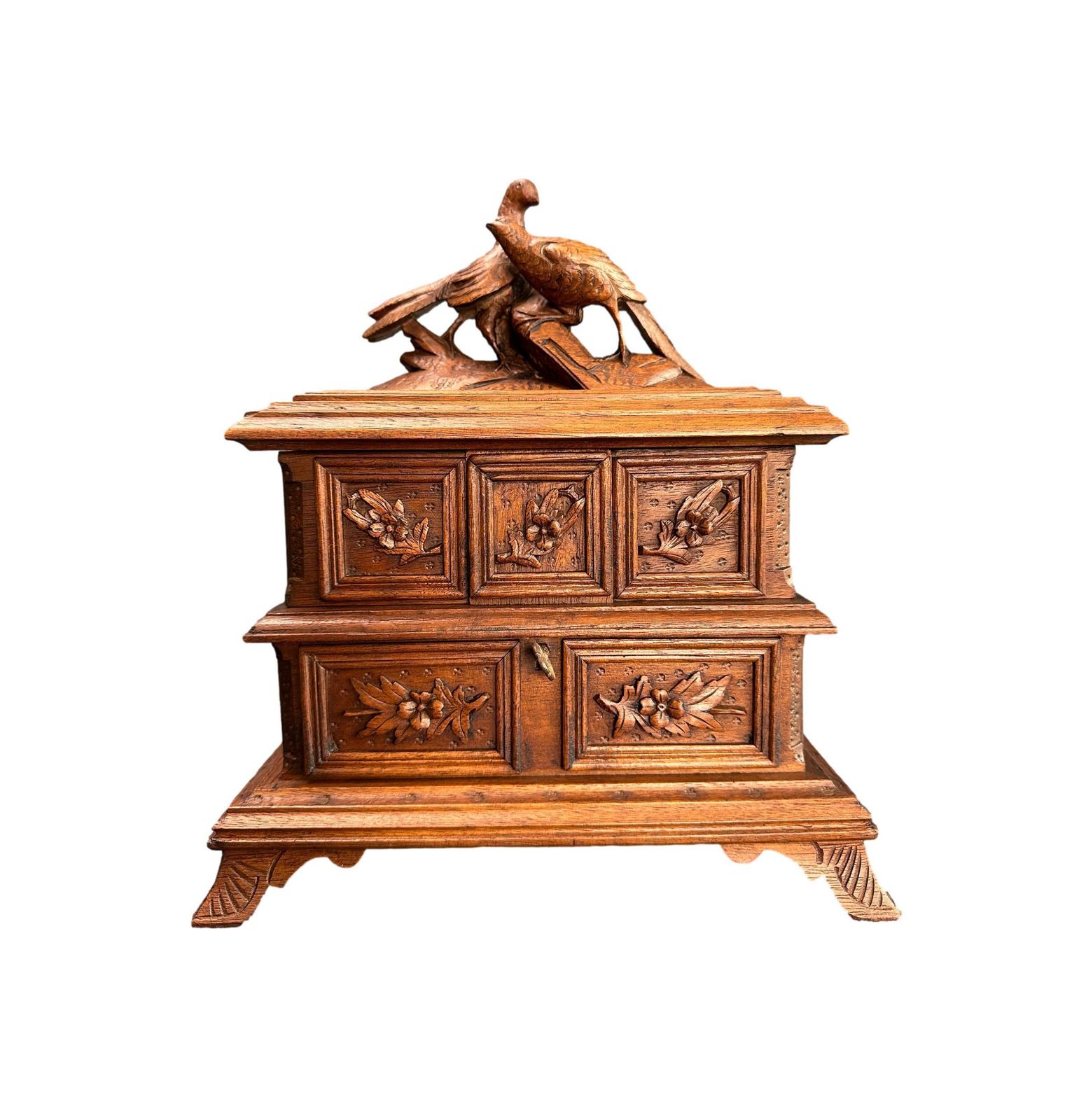 Antique Black Forest Jewelry Casket, Carved Wood Birds Pheasant Box Cabinet, Gift For Her